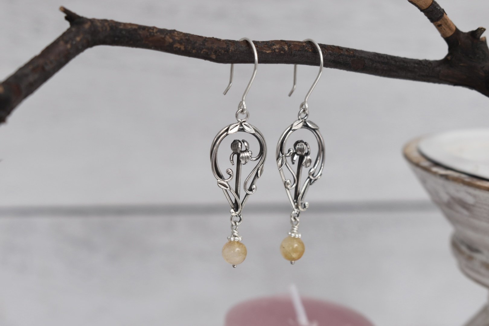 Iris flower sterling silver handmade fantasy inspired dangle earrings