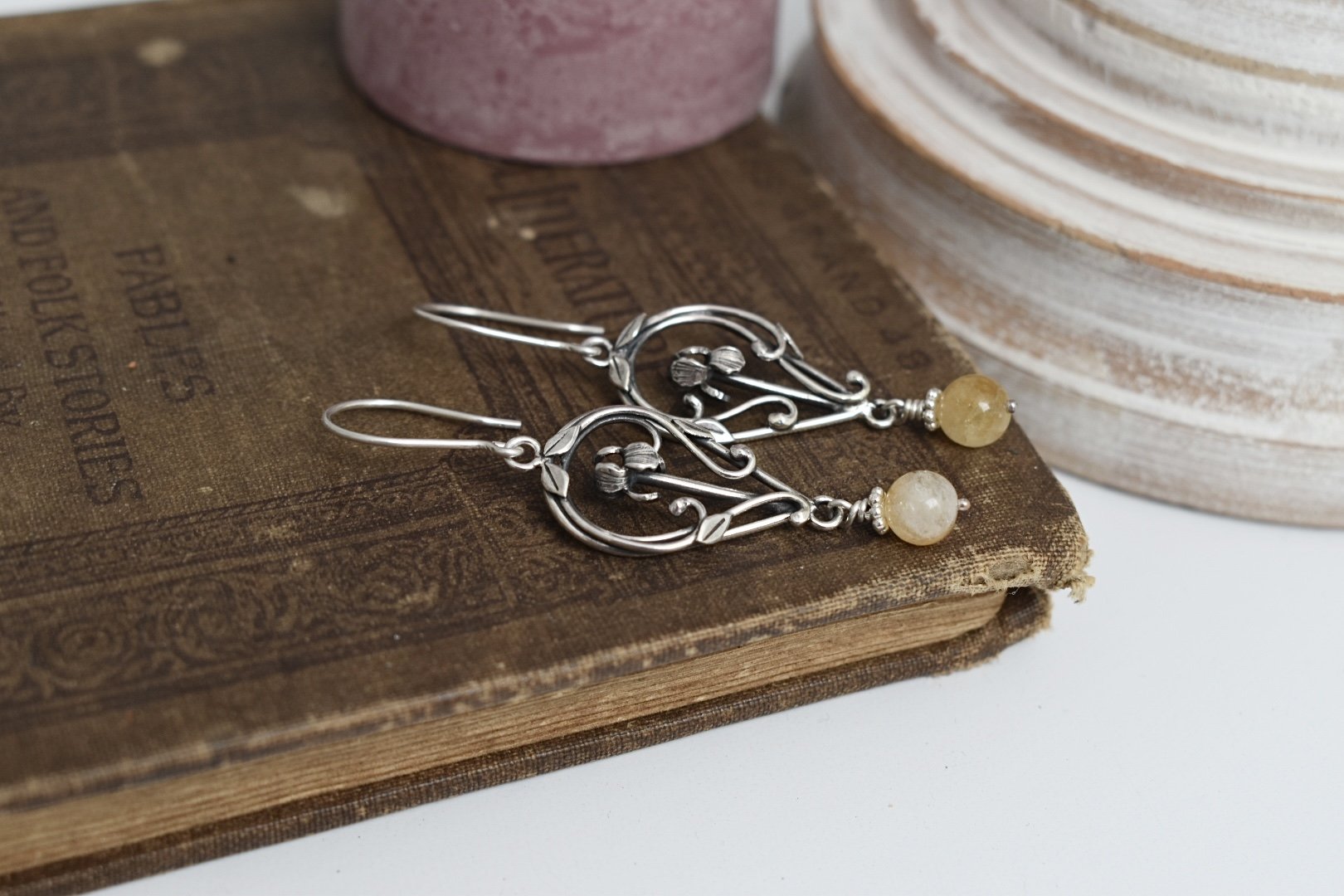 Iris flower sterling silver handmade fantasy inspired dangle earrings