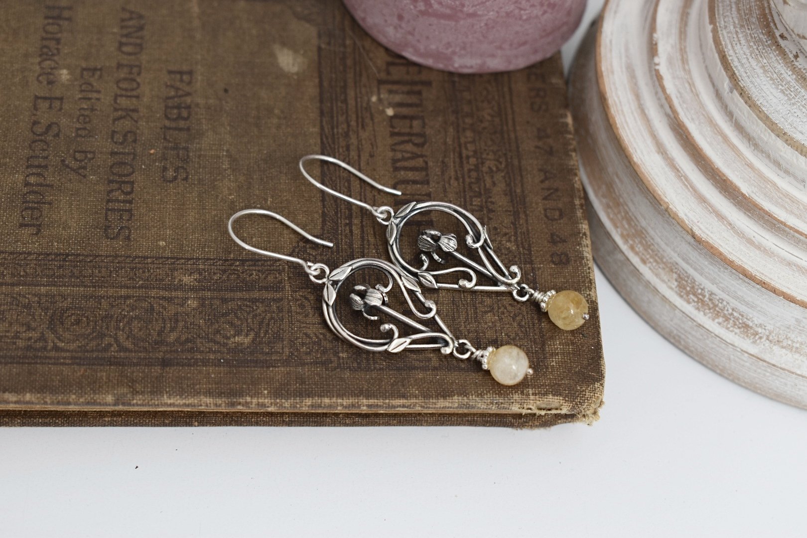 Iris flower sterling silver handmade fantasy inspired dangle earrings