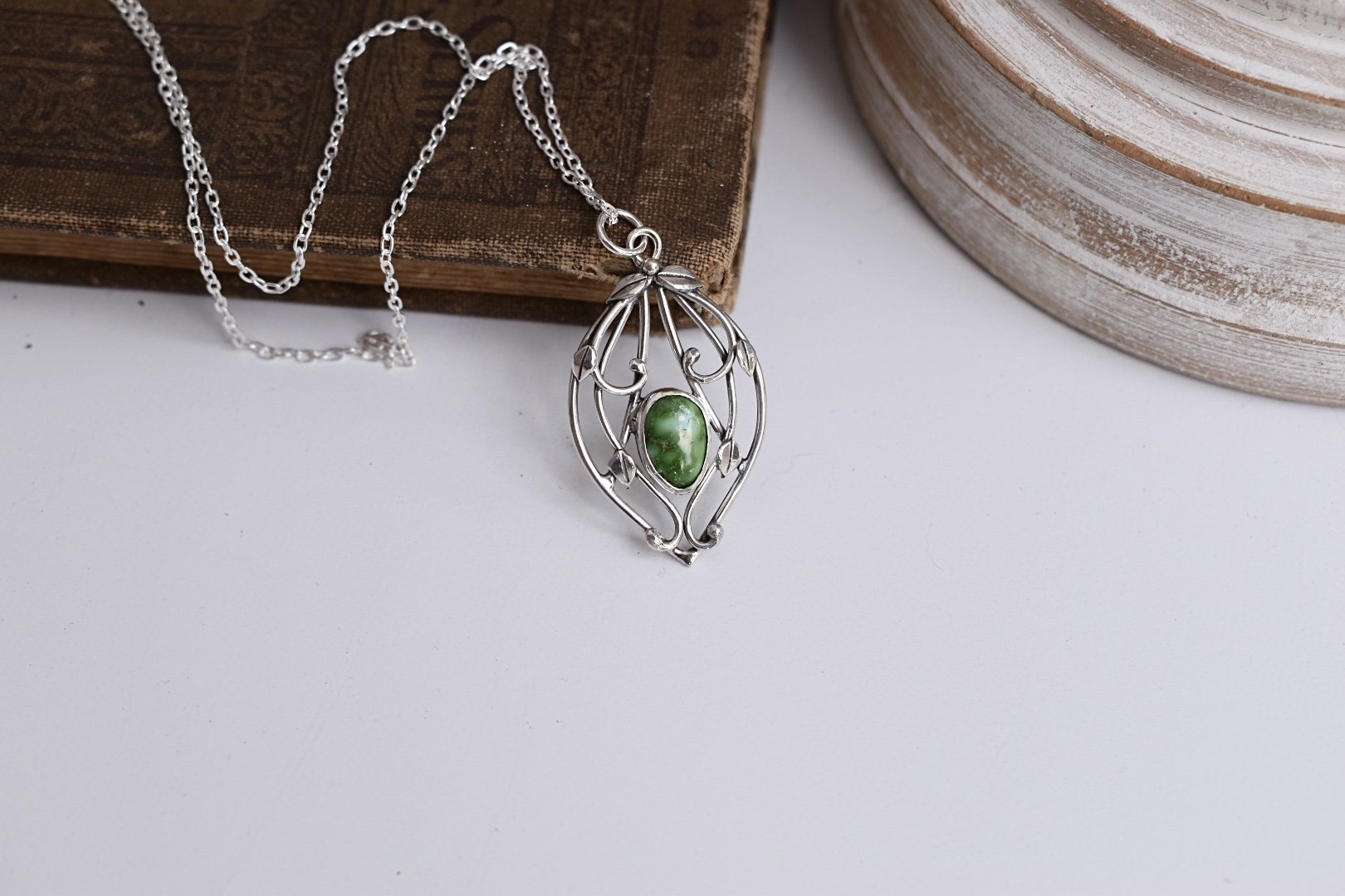 Sonoran Turquoise Elvish Leaf Fantasy Inspired Art Nouveau Silver Pendant