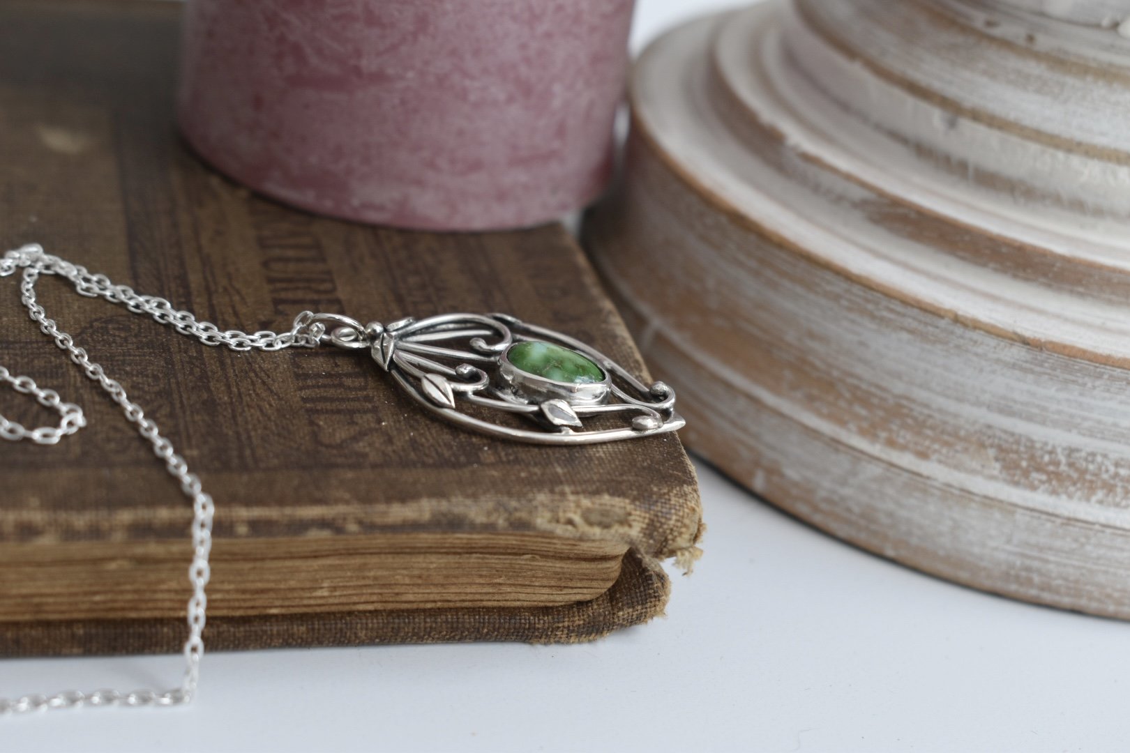 Sonoran Turquoise Elvish Leaf Fantasy Inspired Art Nouveau Silver Pendant