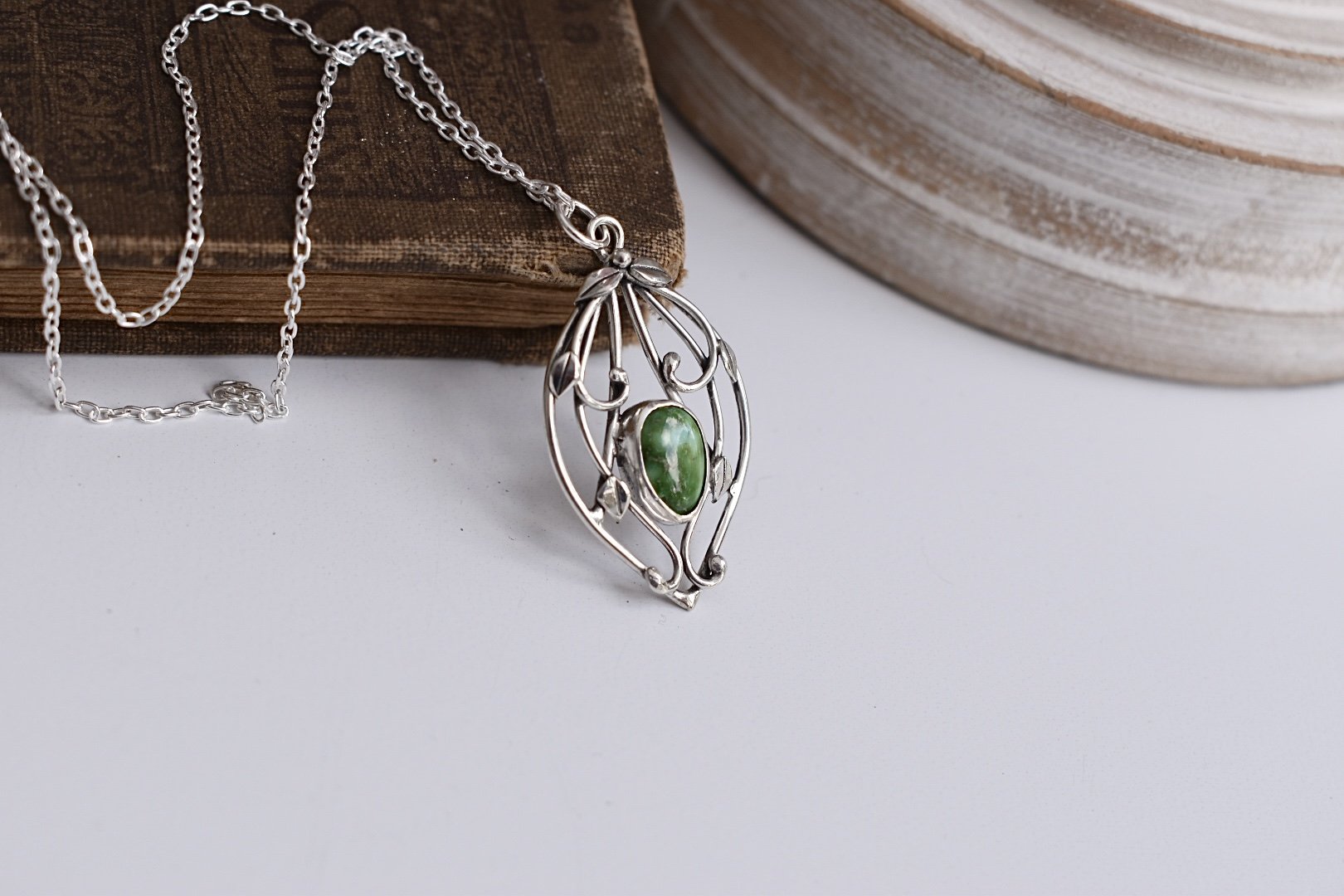 Sonoran Turquoise Elvish Leaf Fantasy Inspired Art Nouveau Silver Pendant