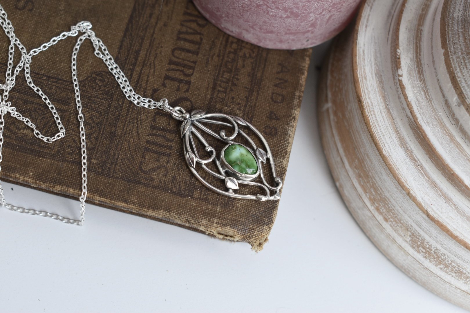 Sonoran Turquoise Elvish Leaf Fantasy Inspired Art Nouveau Silver Pendant