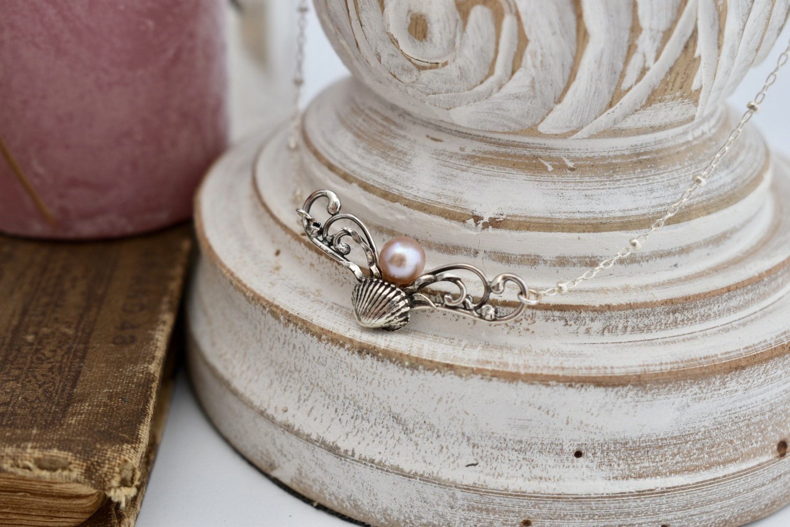 Pink pearl sterling silver mermaid ocean inspired seashell art nouveau pendant