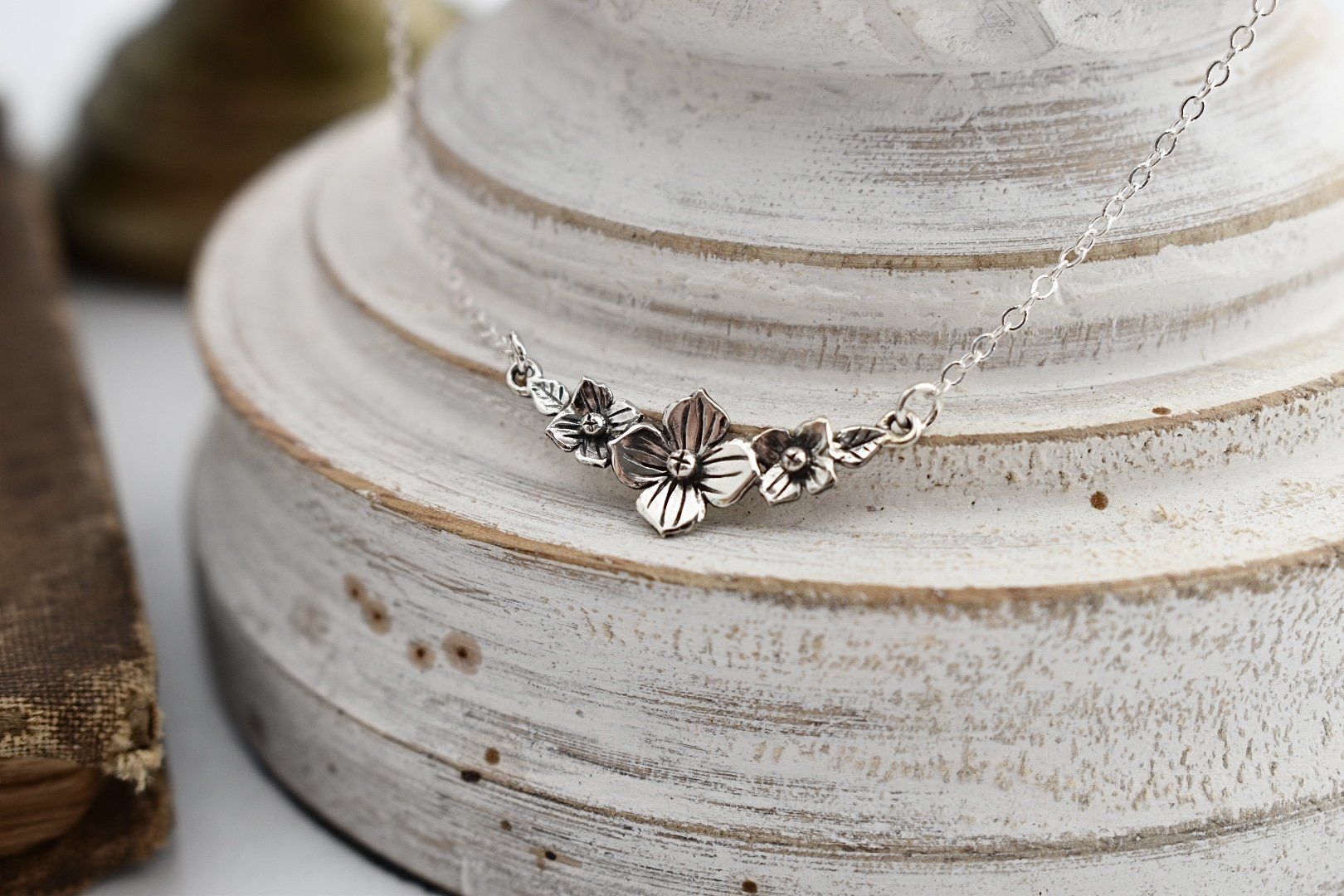 Handcrafted sterling silver hydrangea flower romantic floral necklace