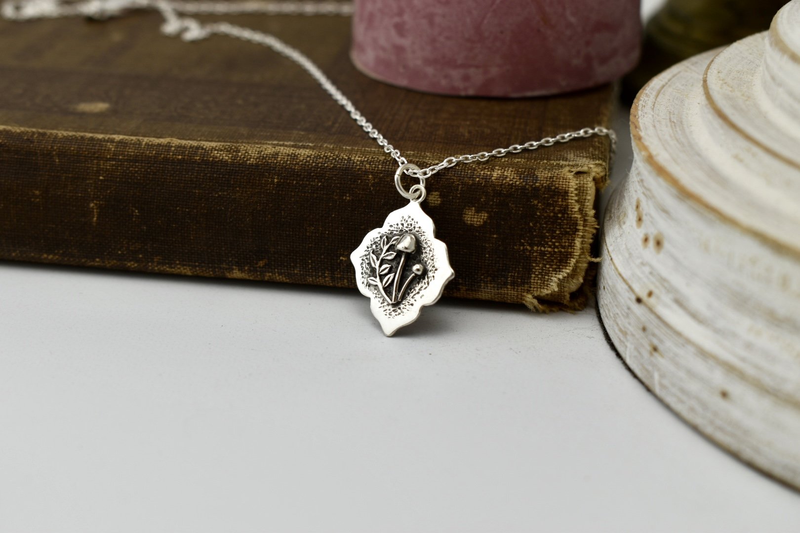 Sterling silver mushroom forest pendant with fern leaves