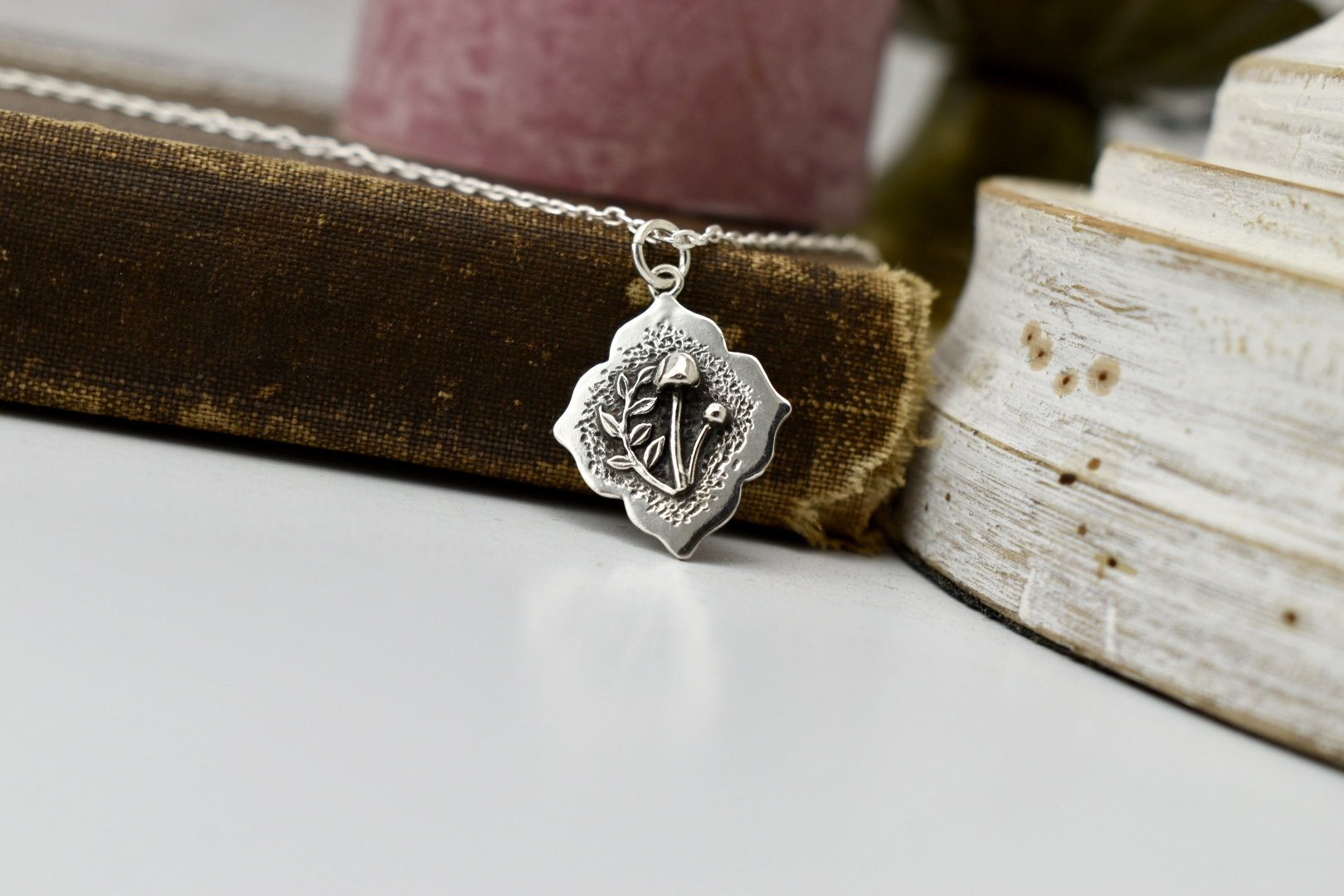 Sterling silver mushroom forest pendant with fern leaves
