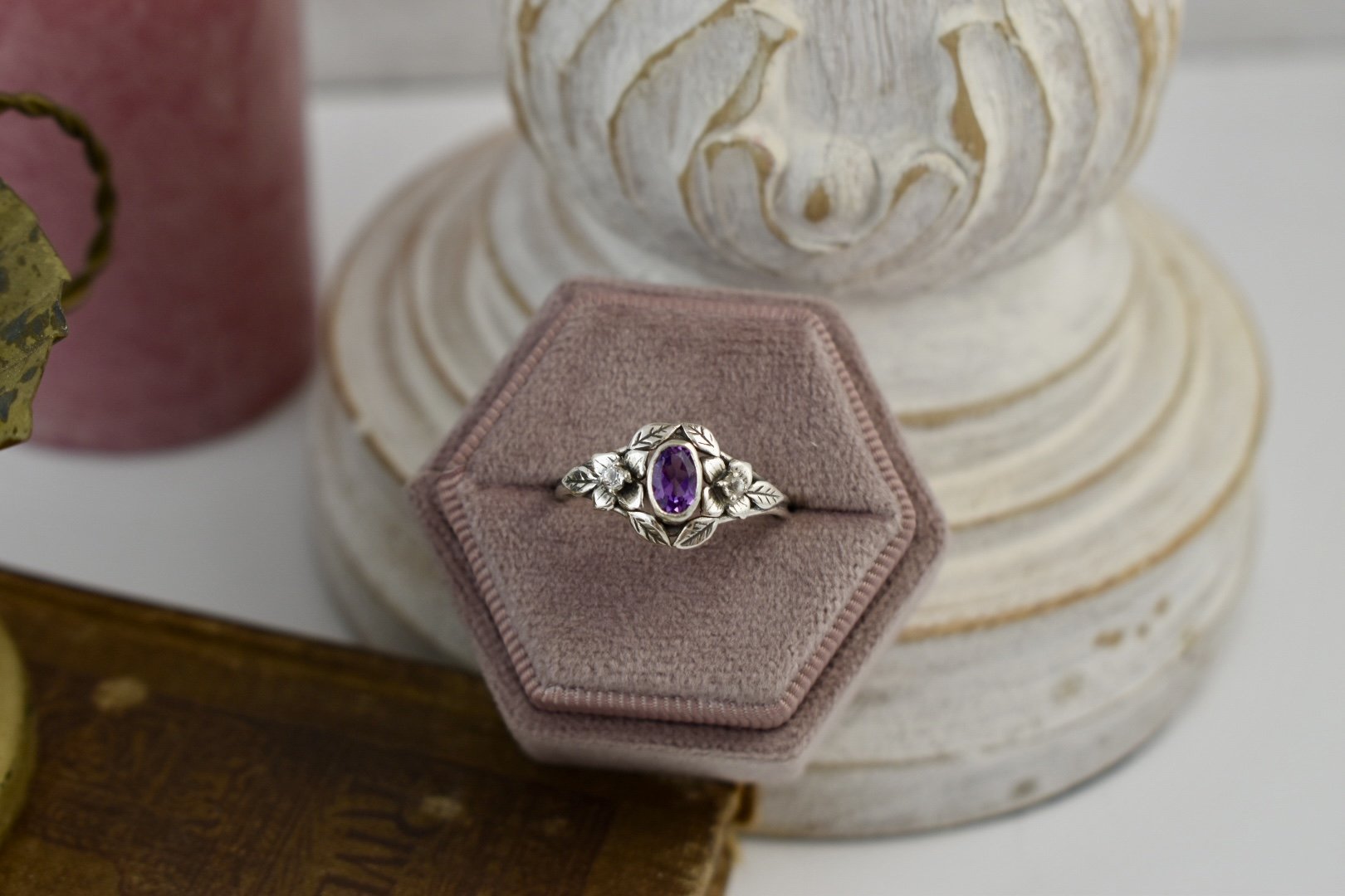 Handcrafted floral art nouveau fantasy inspired hydrangea flowersengagement ring