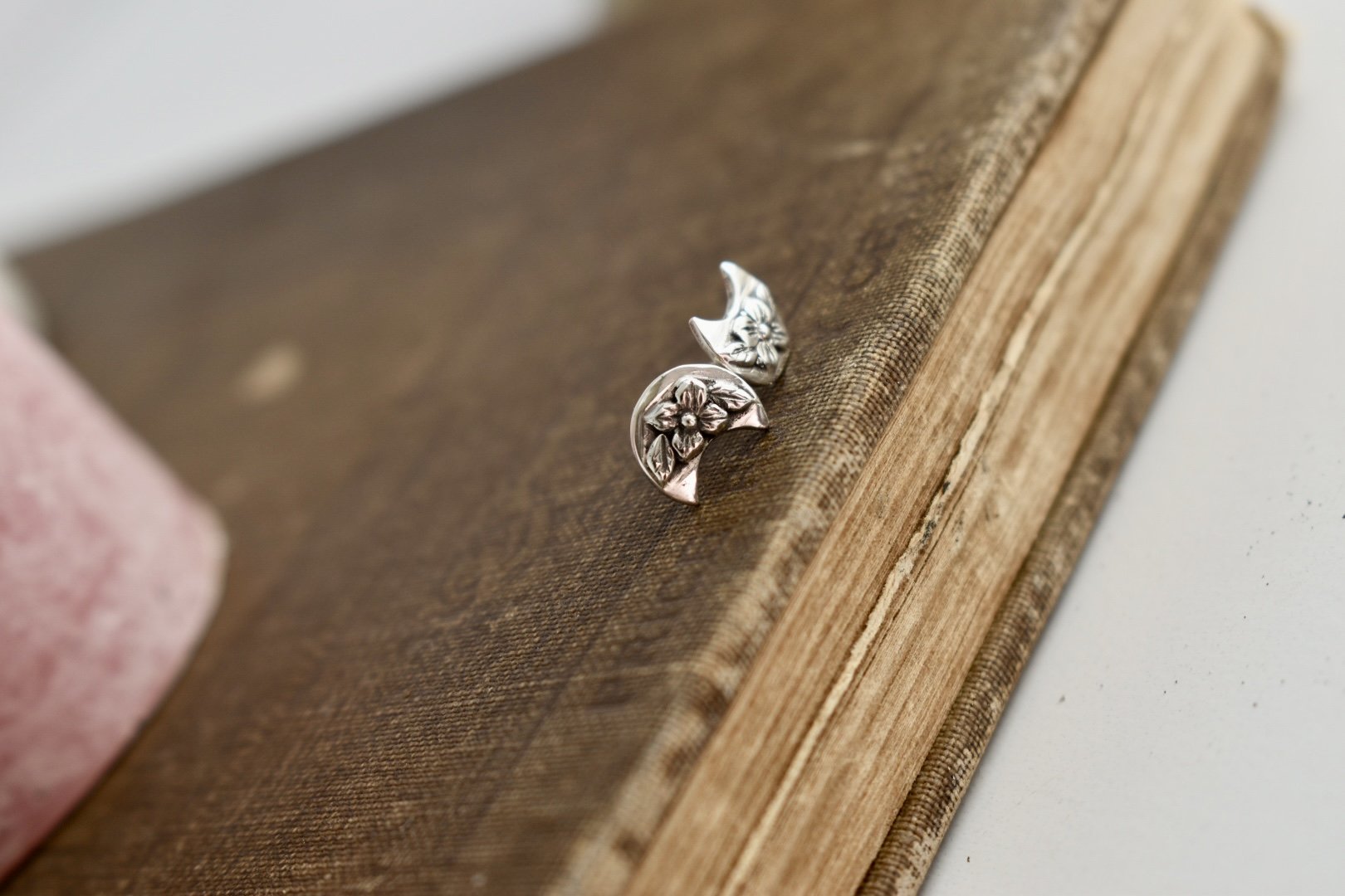 Floral Crescent Moon Silver Stud Earrings