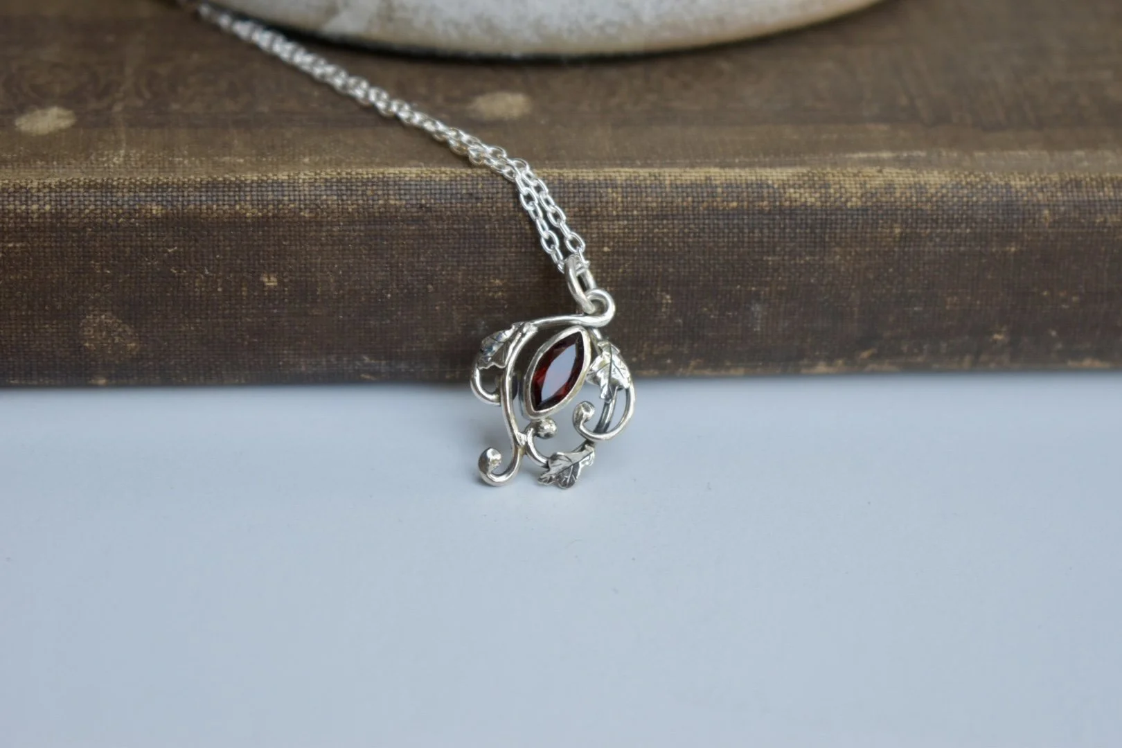 autumn queen sterling silver handmade fantasy art nouveau inspired garnet oak leaf necklace
