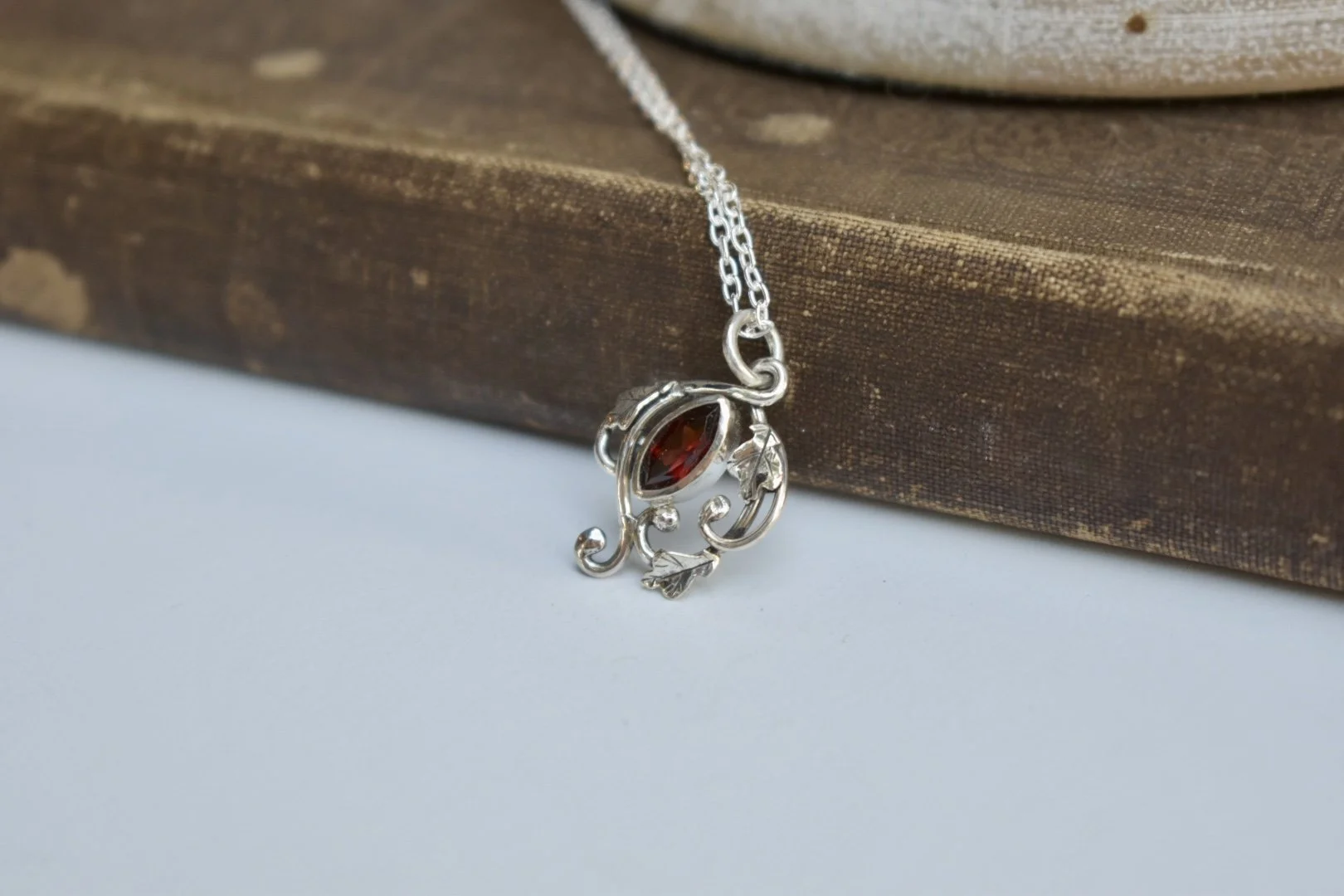 autumn queen sterling silver handmade fantasy art nouveau inspired garnet oak leaf necklace
