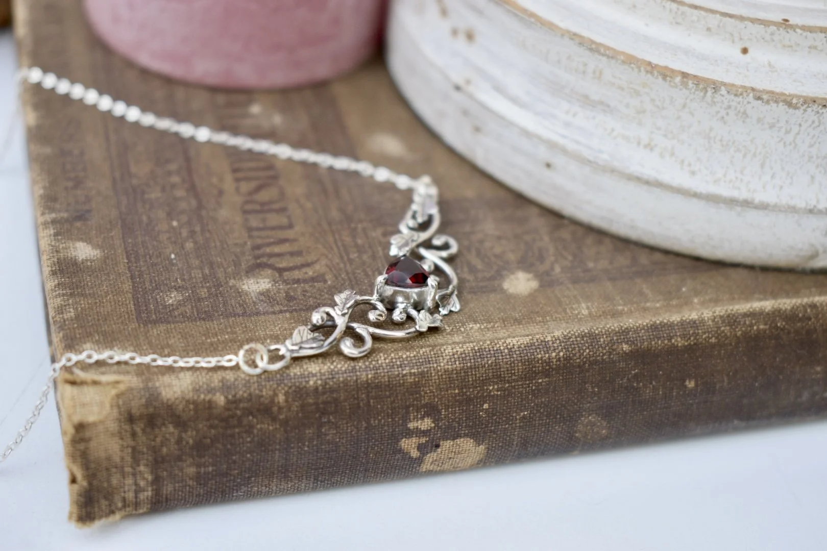 autumn queen sterling silver handmade fantasy art nouveau inspired garnet oak leaf necklace