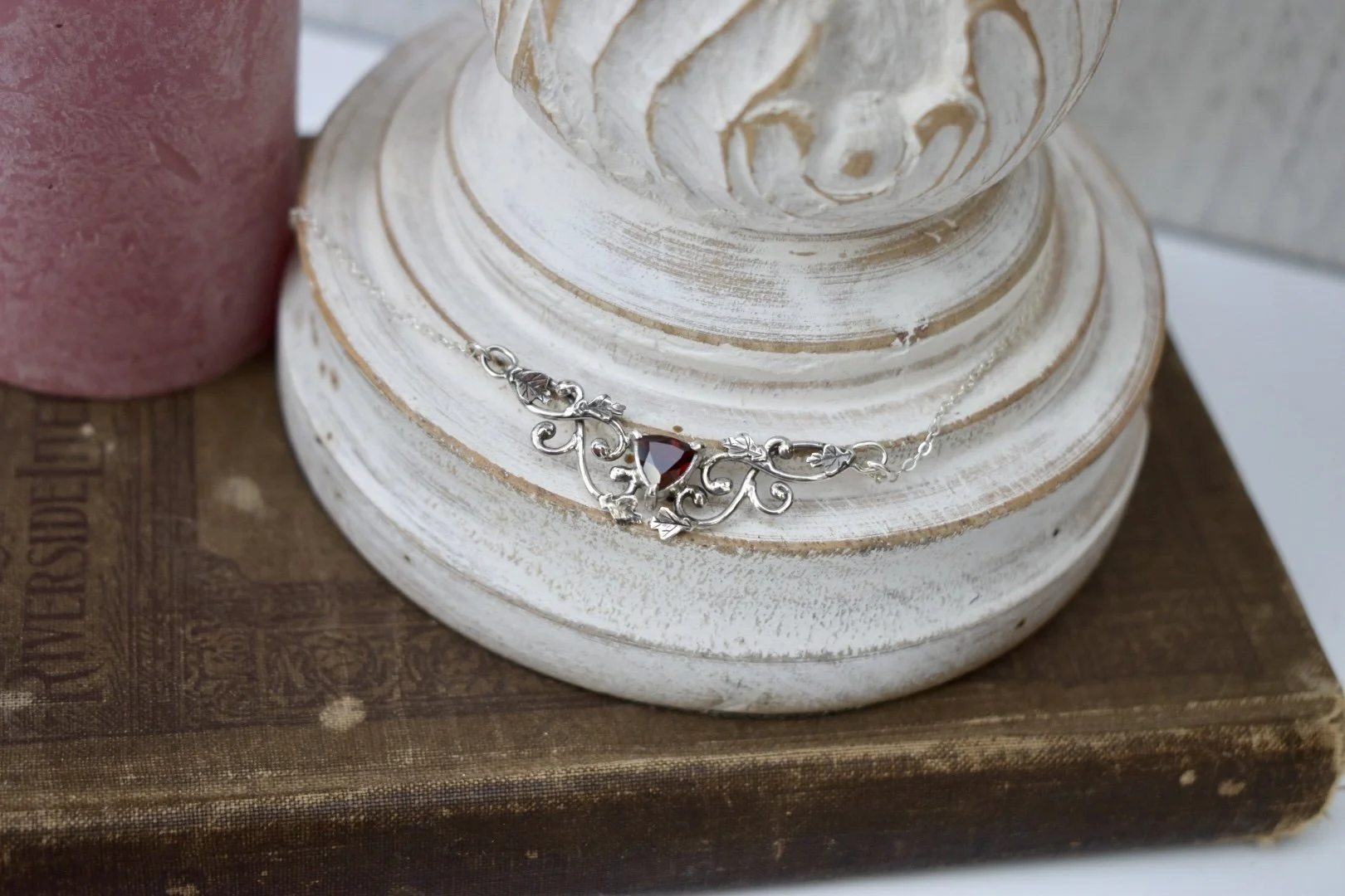 autumn queen sterling silver handmade fantasy art nouveau inspired garnet oak leaf necklace