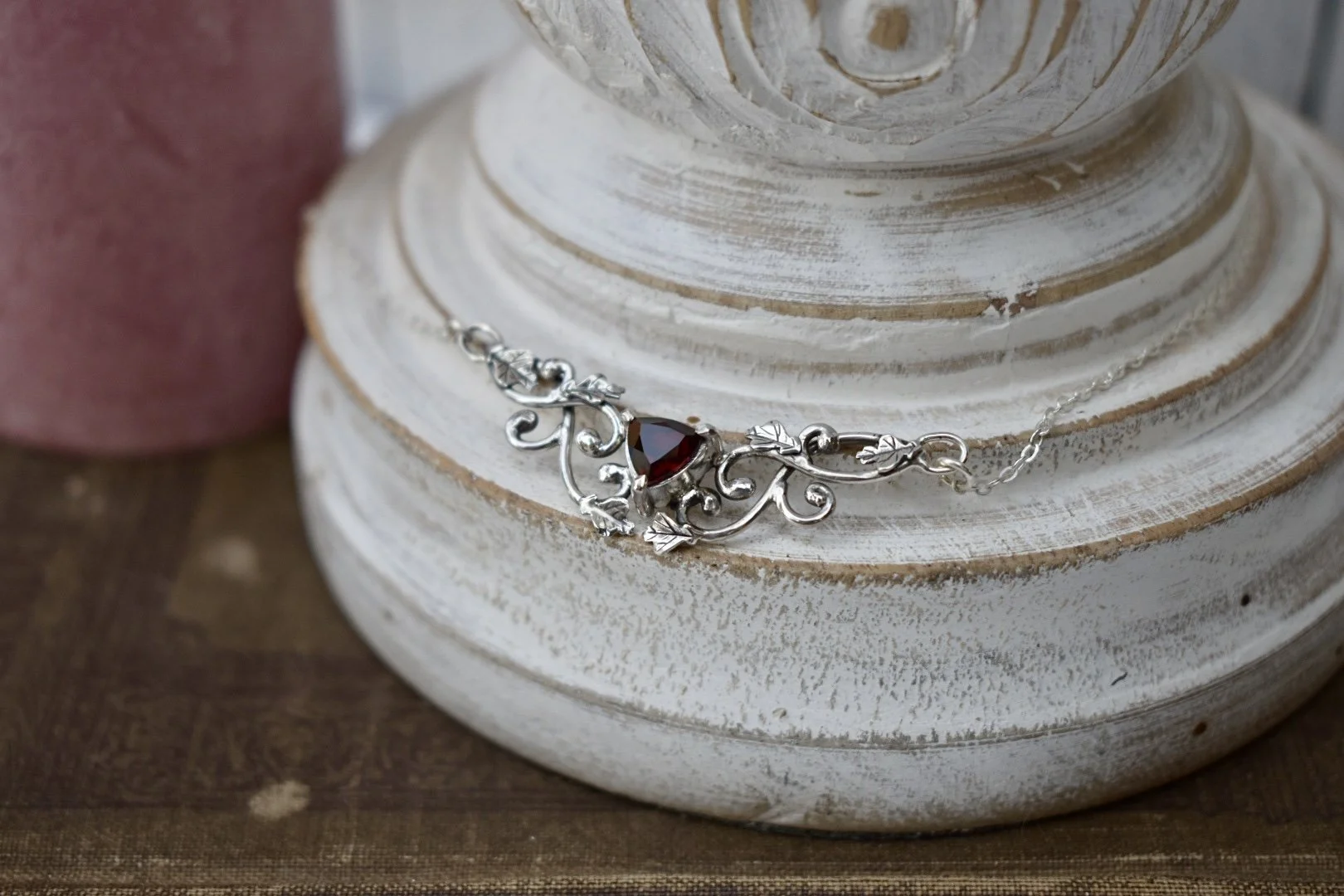 autumn queen sterling silver handmade fantasy art nouveau inspired garnet oak leaf necklace
