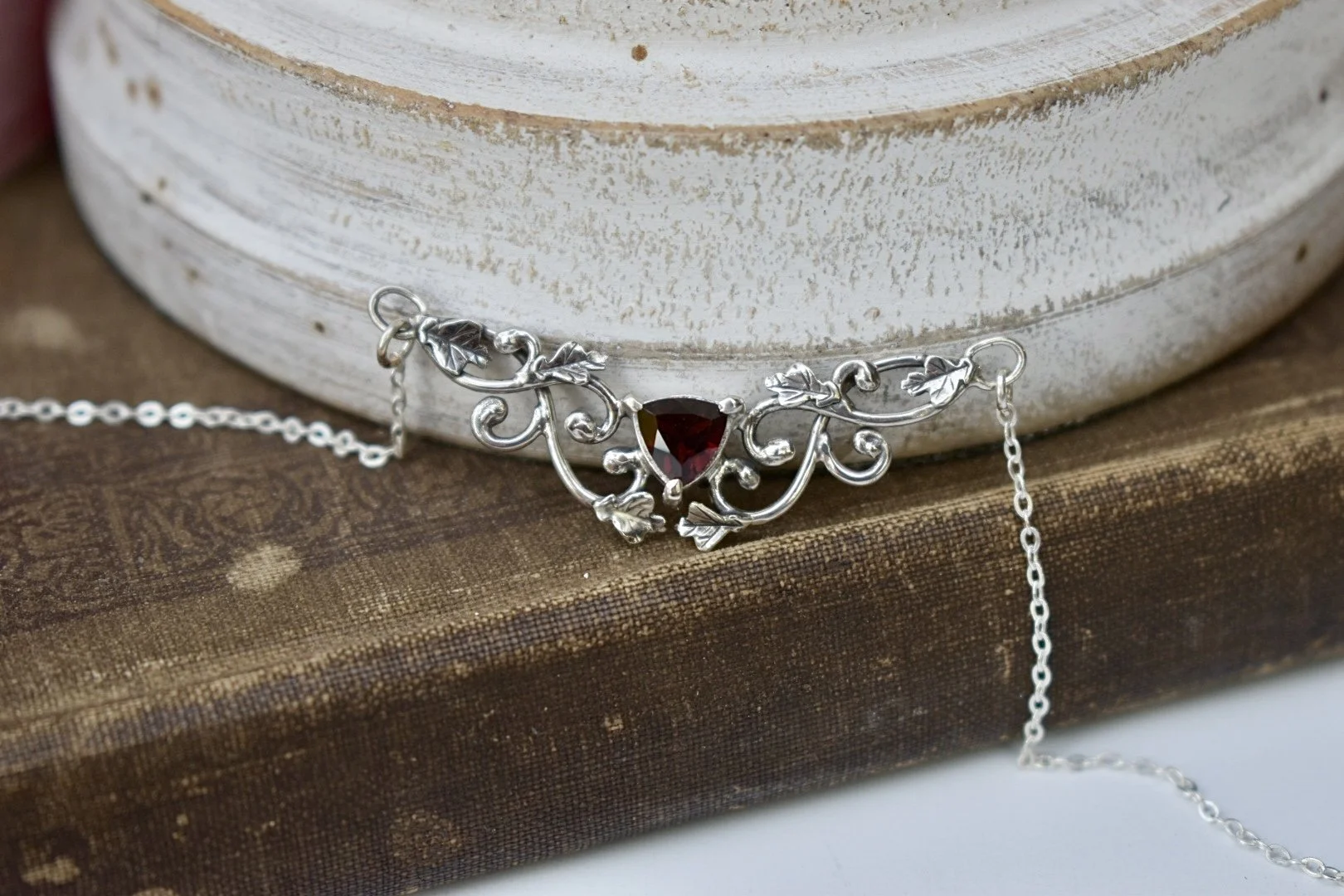 autumn queen sterling silver handmade fantasy art nouveau inspired garnet oak leaf necklace