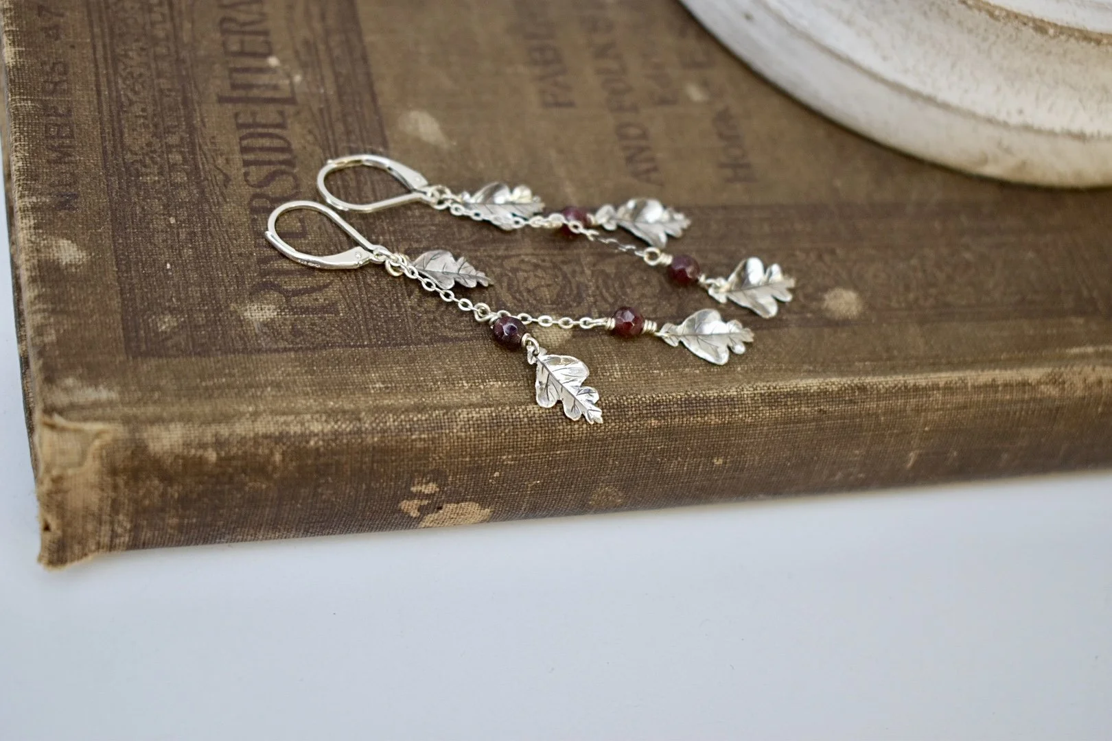 sterling silver dangle oak leaves garnet earrings with leverback hooks