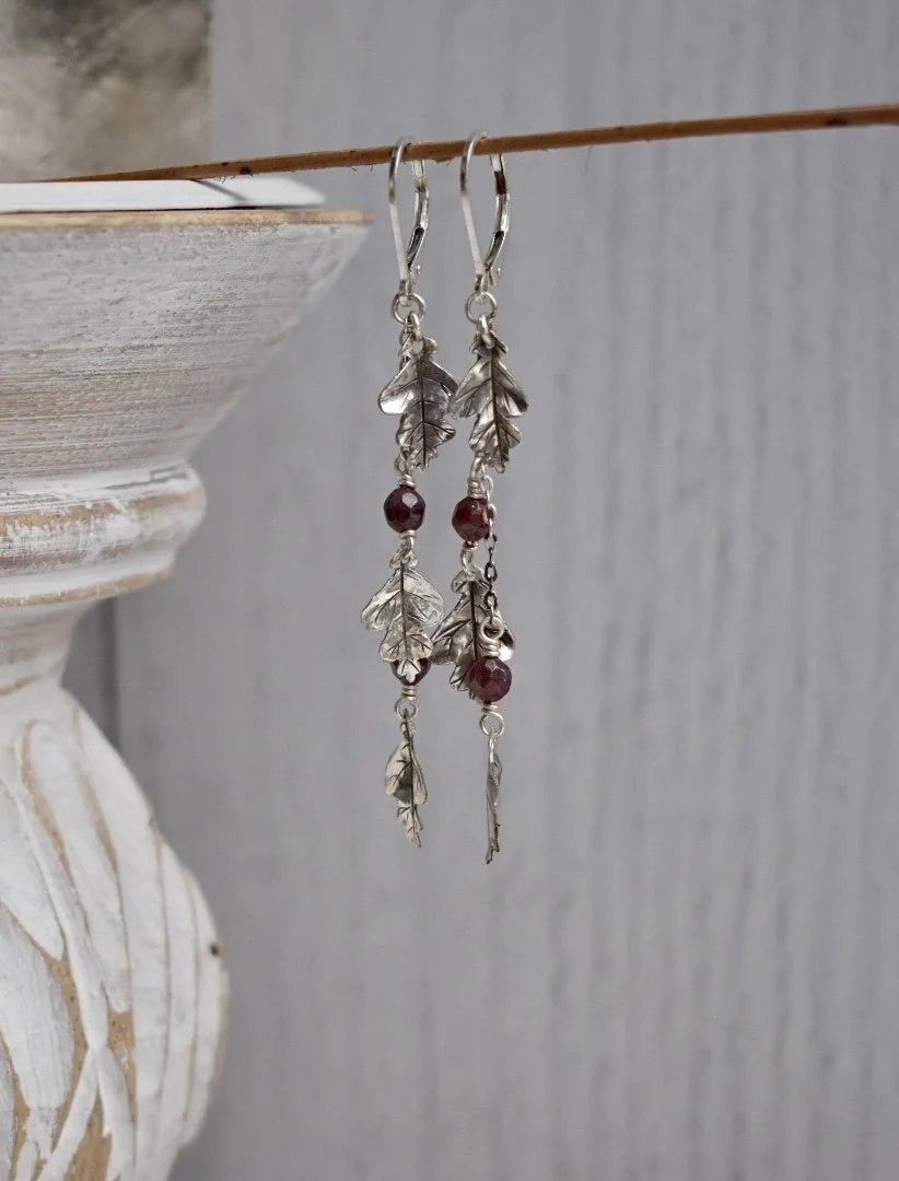 sterling silver dangle oak leaves garnet earrings with leverback hooks