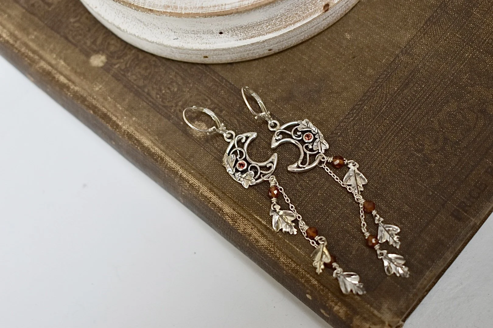 sterling silver art nouveau inspired crescent moon garnet oak leaf fantasy moon dangle earrings