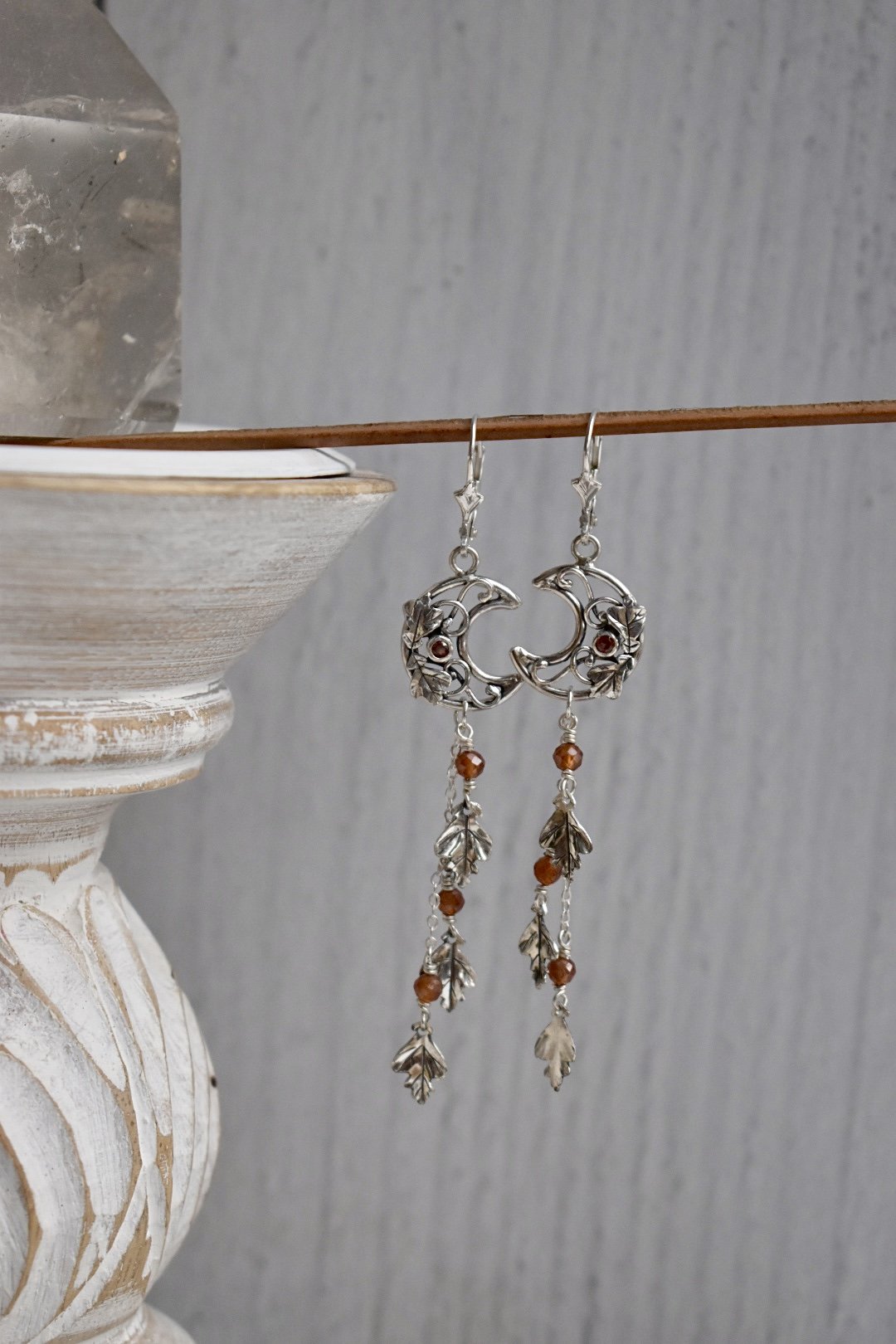 sterling silver art nouveau inspired crescent moon garnet oak leaf fantasy moon dangle earrings