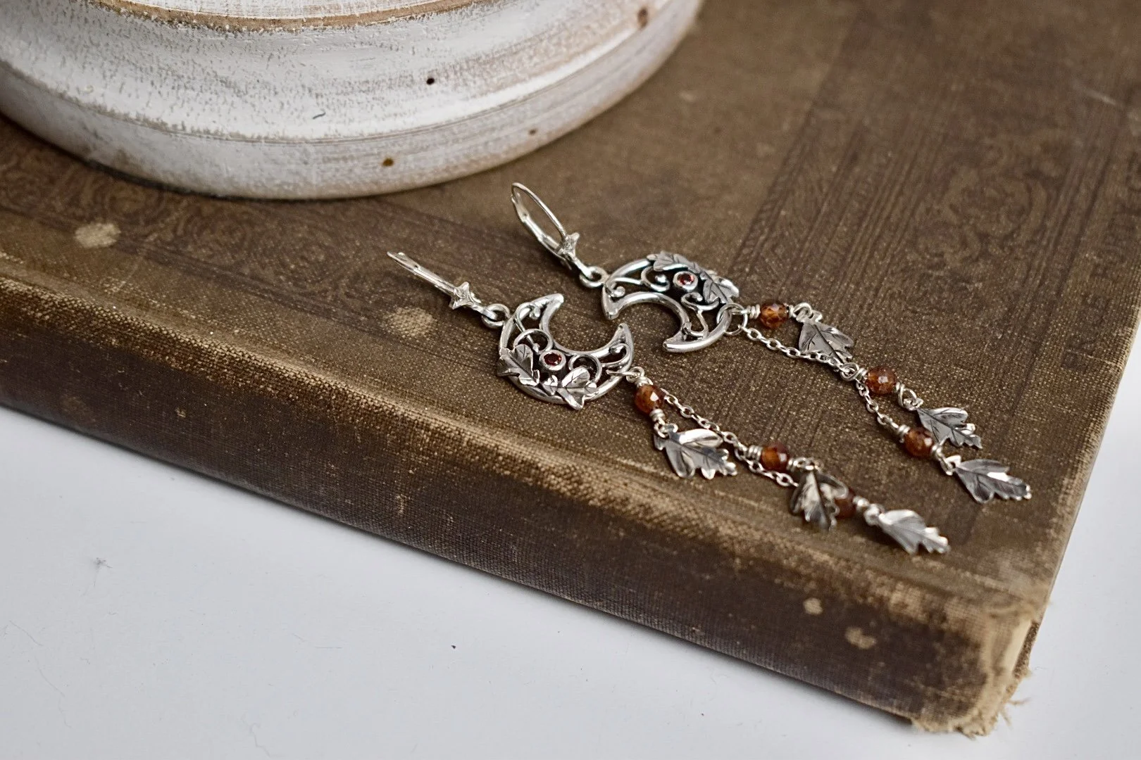 sterling silver art nouveau inspired crescent moon garnet oak leaf fantasy moon dangle earrings
