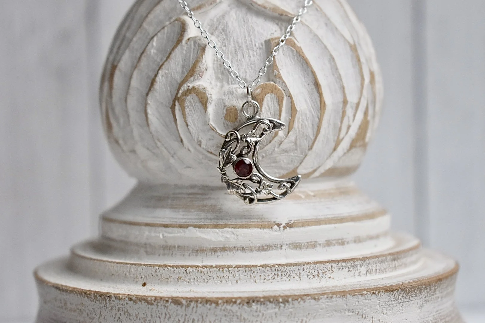 sterling silver art nouveau inspired crescent moon garnet oak leaf fantasy moon pendant