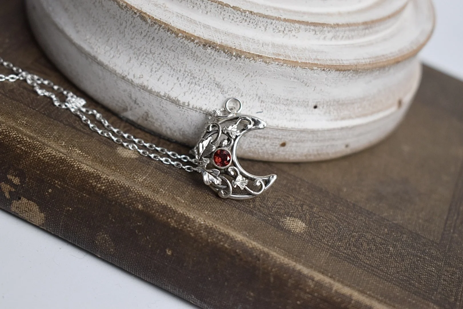 sterling silver art nouveau inspired crescent moon garnet oak leaf fantasy moon pendant