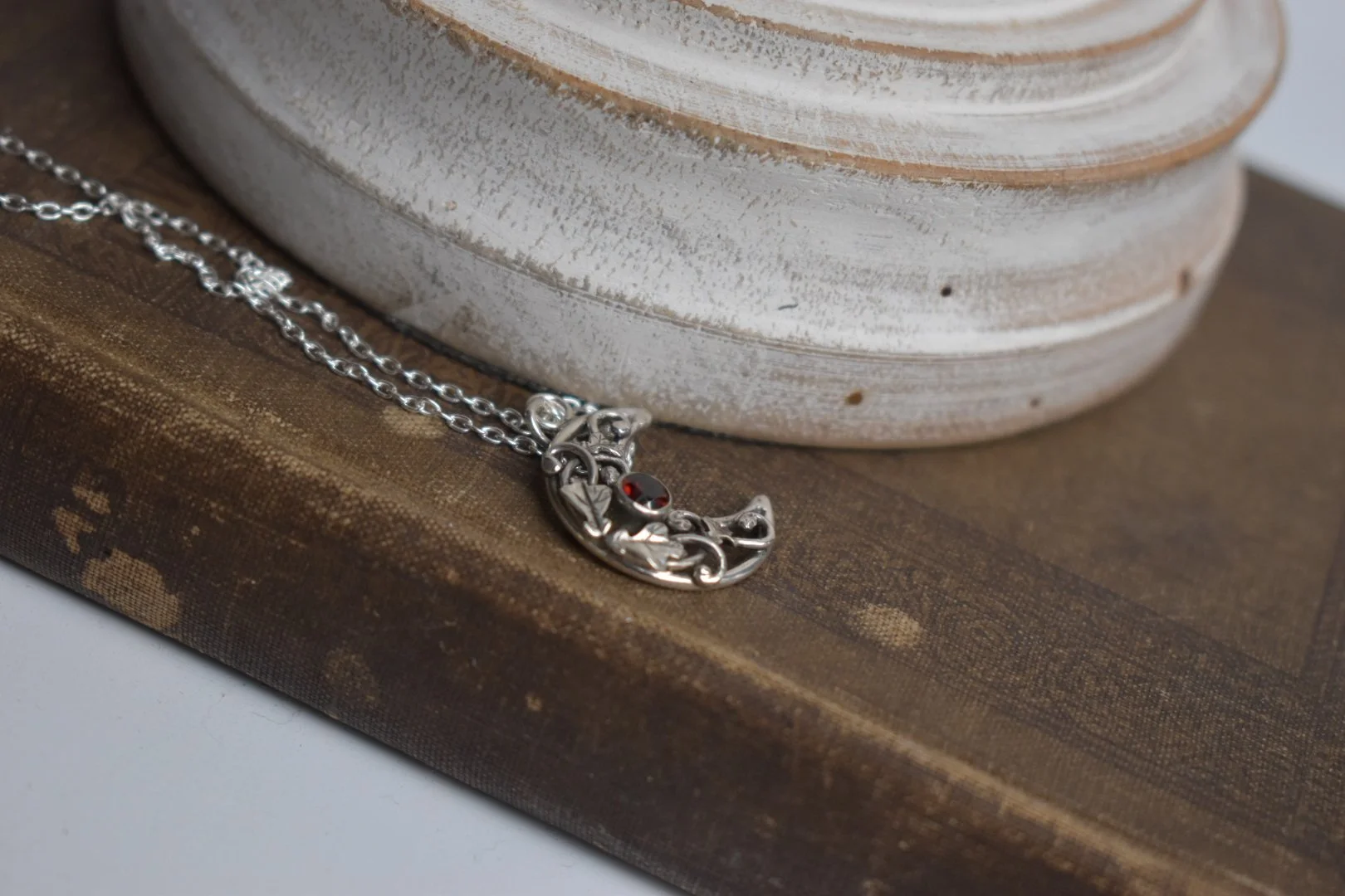 sterling silver art nouveau inspired crescent moon garnet oak leaf fantasy moon pendant