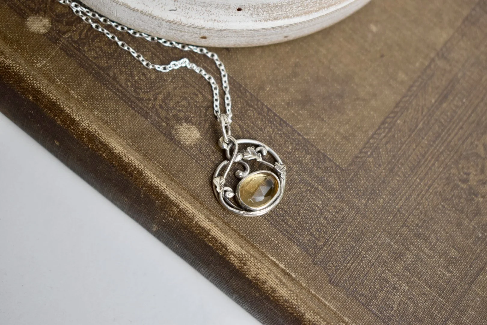 art nouveau inspired sterling silver oak leaf and vines citrine pendant