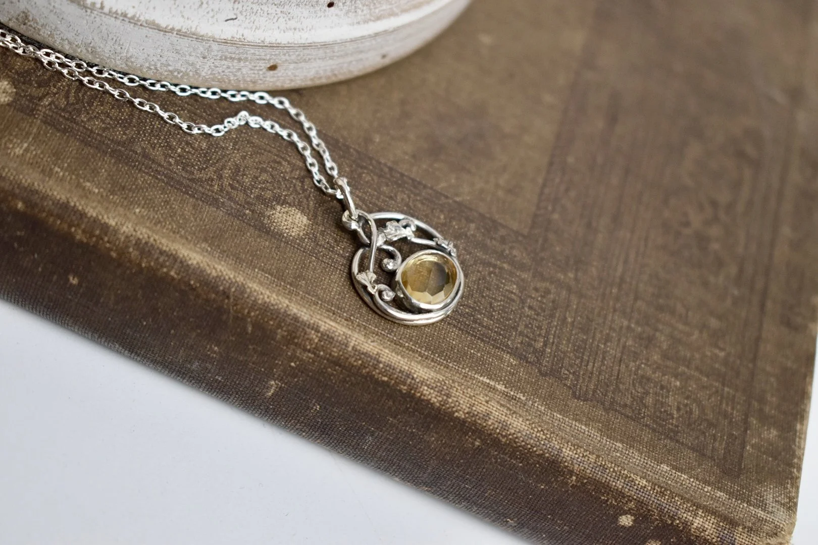 art nouveau inspired sterling silver oak leaf and vines citrine pendant