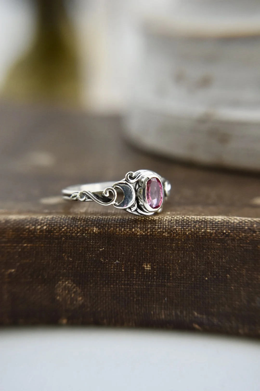 Triple Crescent Moon Gemstone Silver or Gold Goddess Art Nouveau Engagement Ring