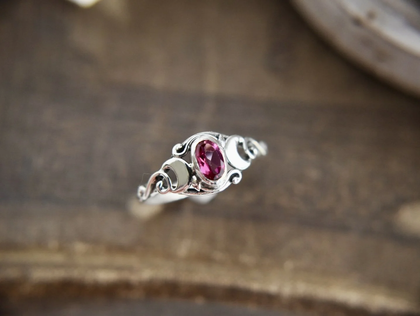 Triple Crescent Moon Gemstone Silver or Gold Goddess Art Nouveau Engagement Ring