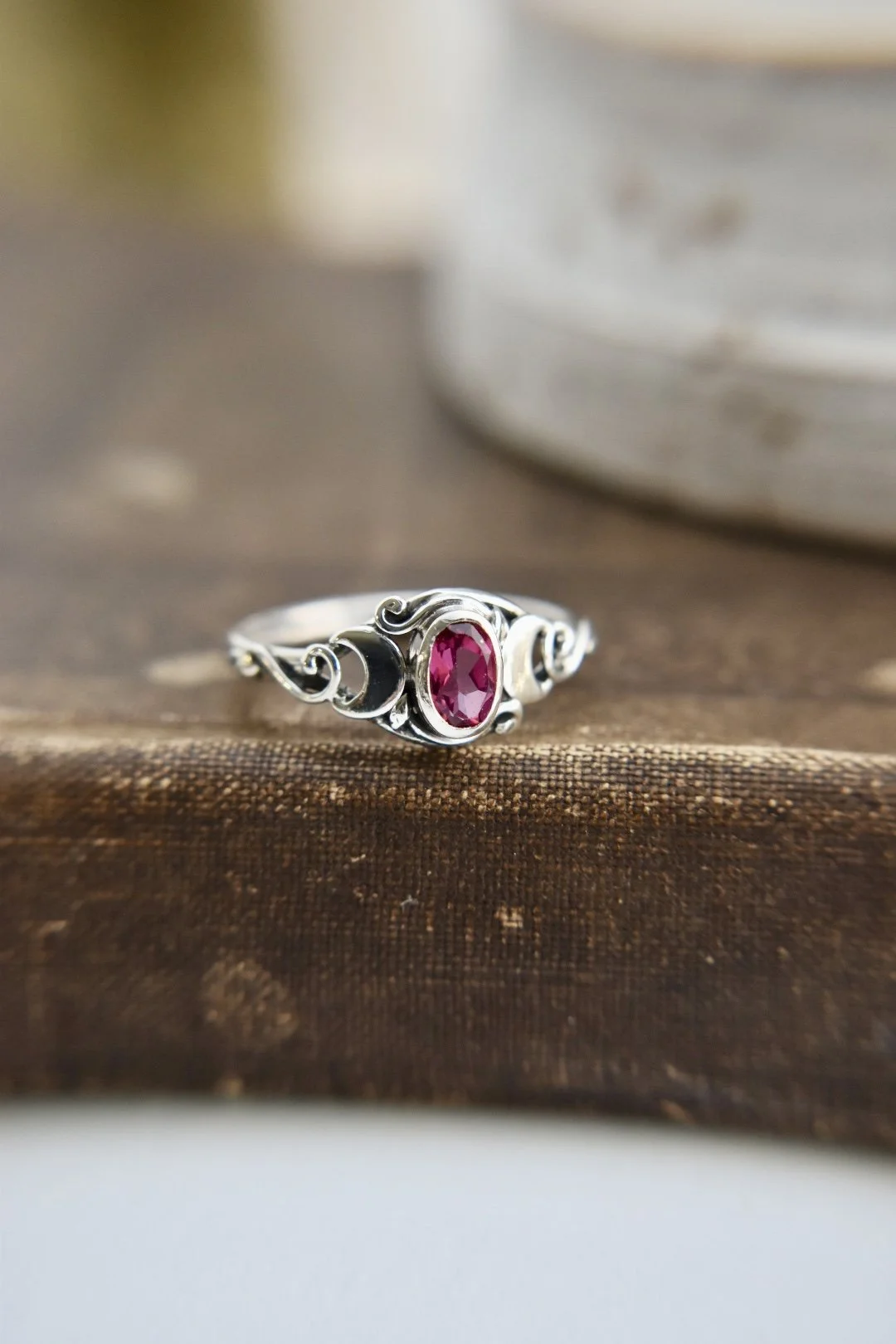 Triple Crescent Moon Gemstone Silver or Gold Goddess Art Nouveau Engagement Ring