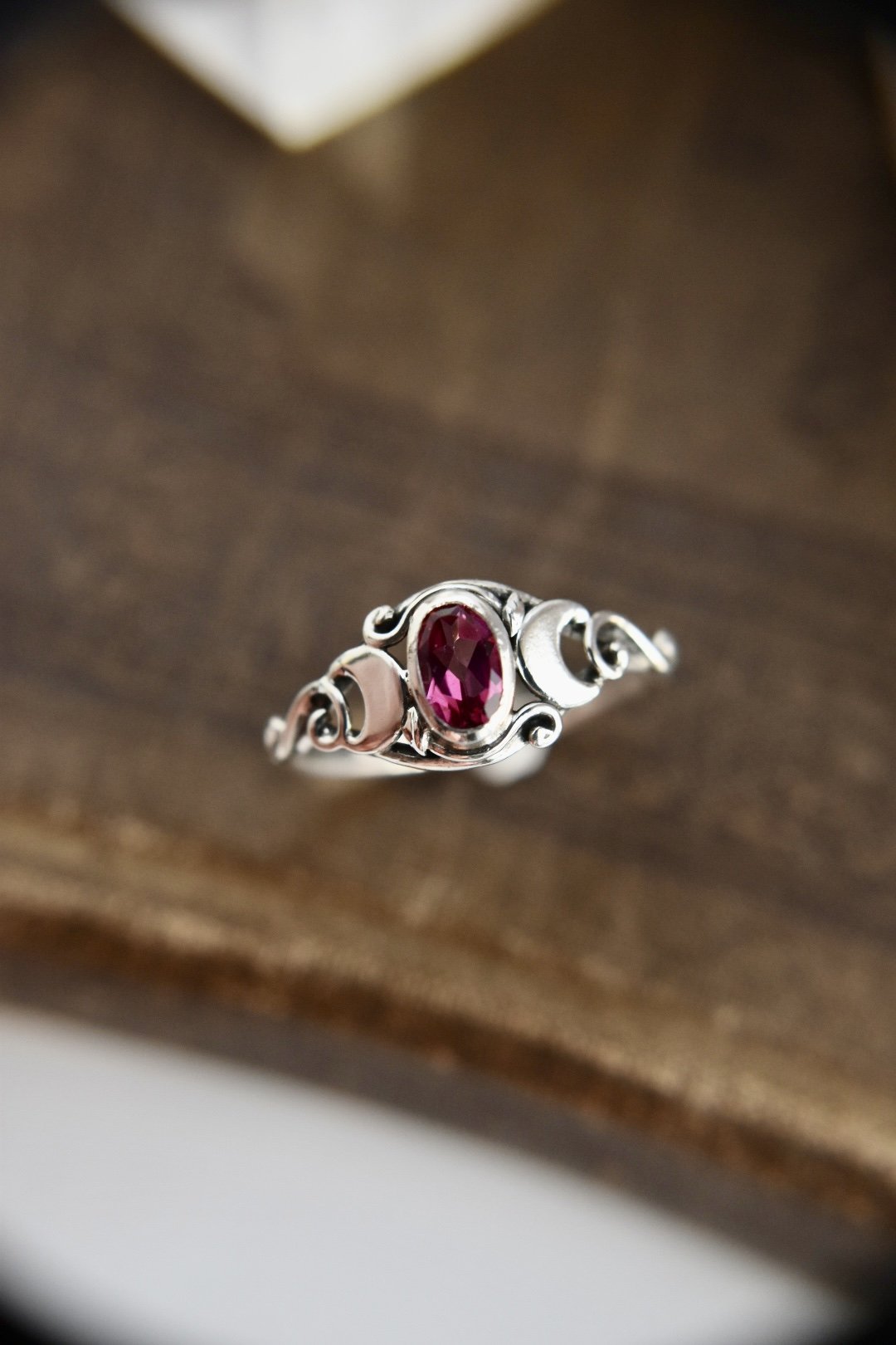 Triple Crescent Moon Gemstone Silver or Gold Goddess Art Nouveau Engagement Ring