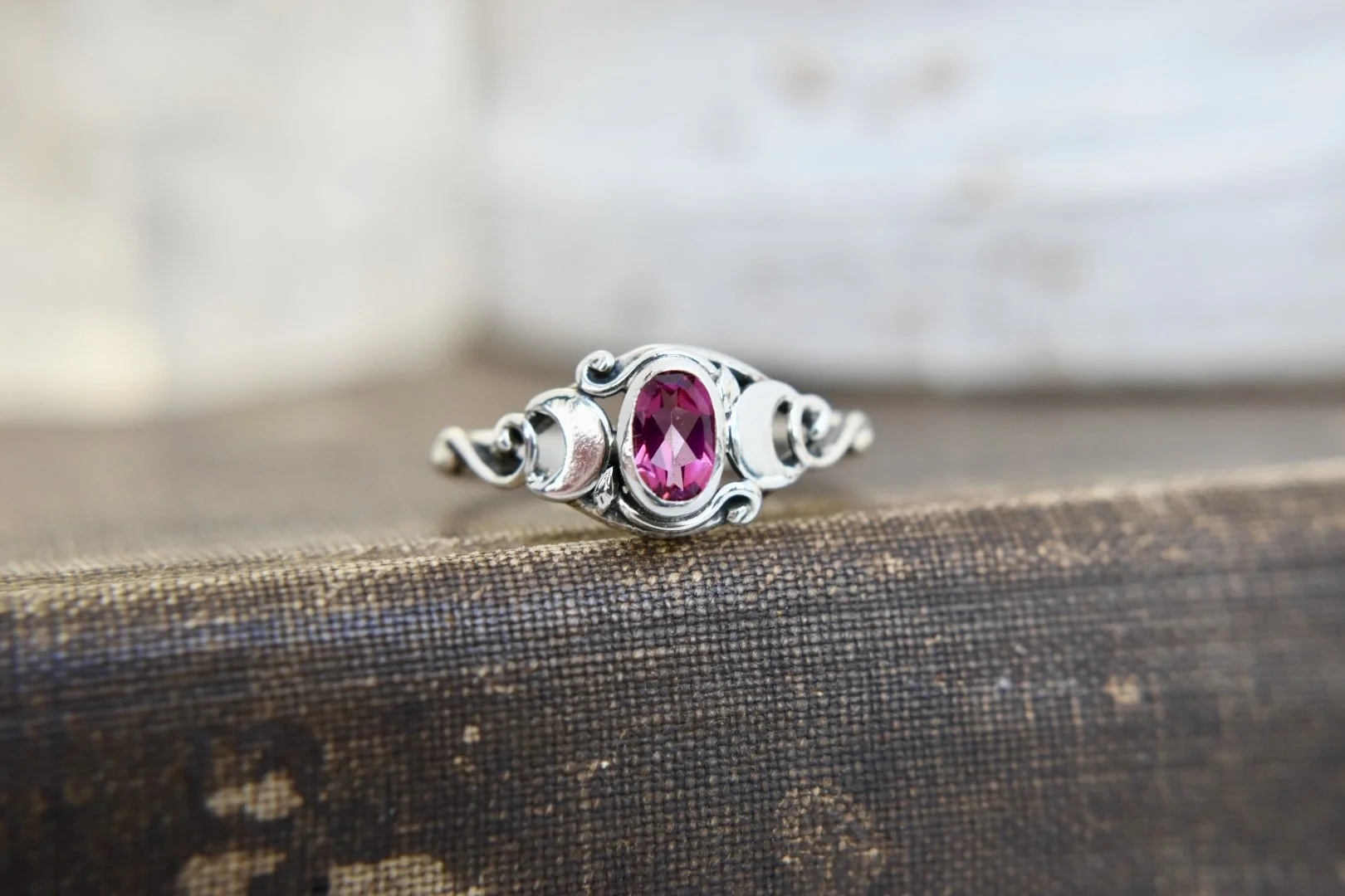 Triple Crescent Moon Gemstone Silver or Gold Goddess Art Nouveau Engagement Ring