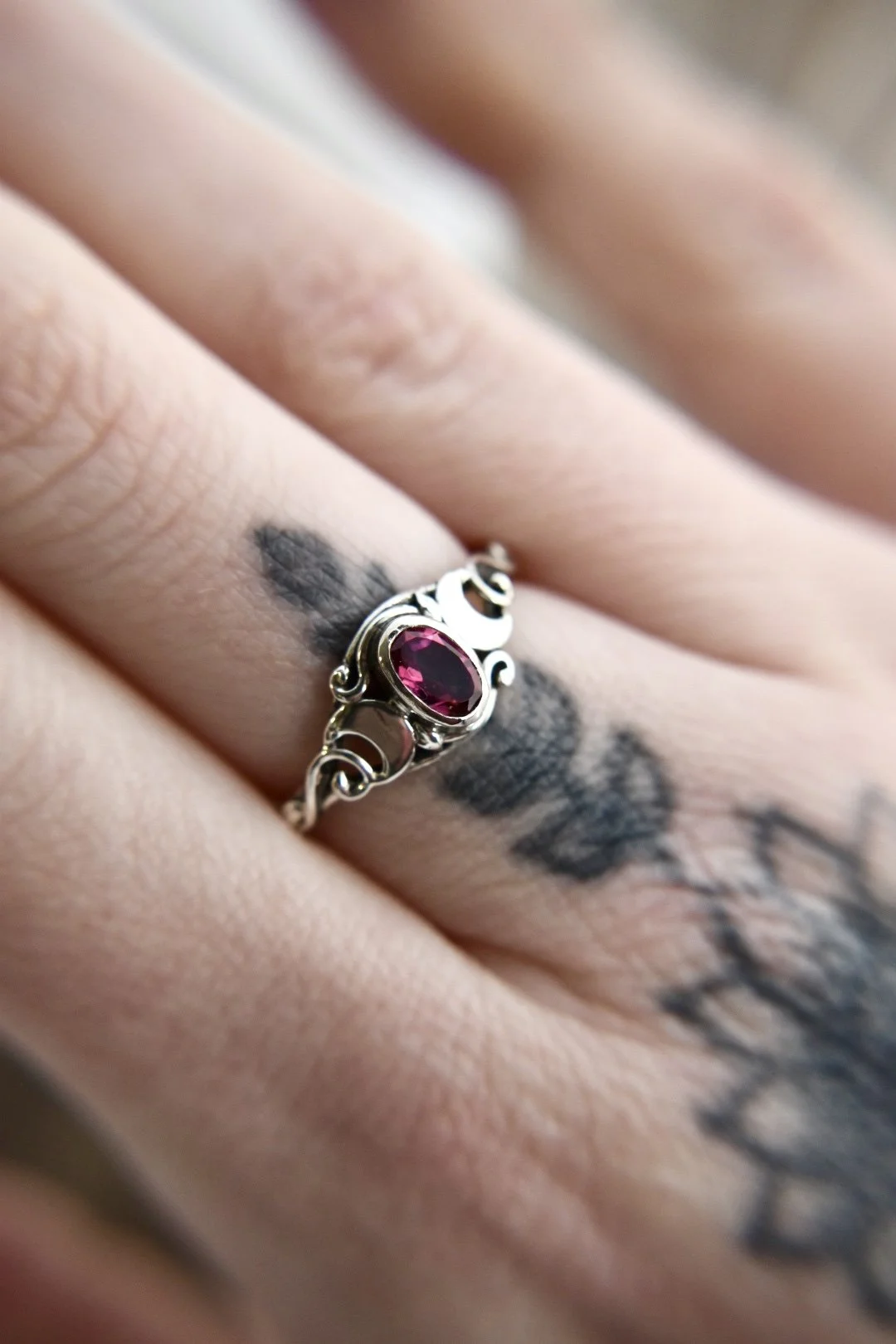 Triple Crescent Moon Gemstone Silver or Gold Goddess Art Nouveau Engagement Ring