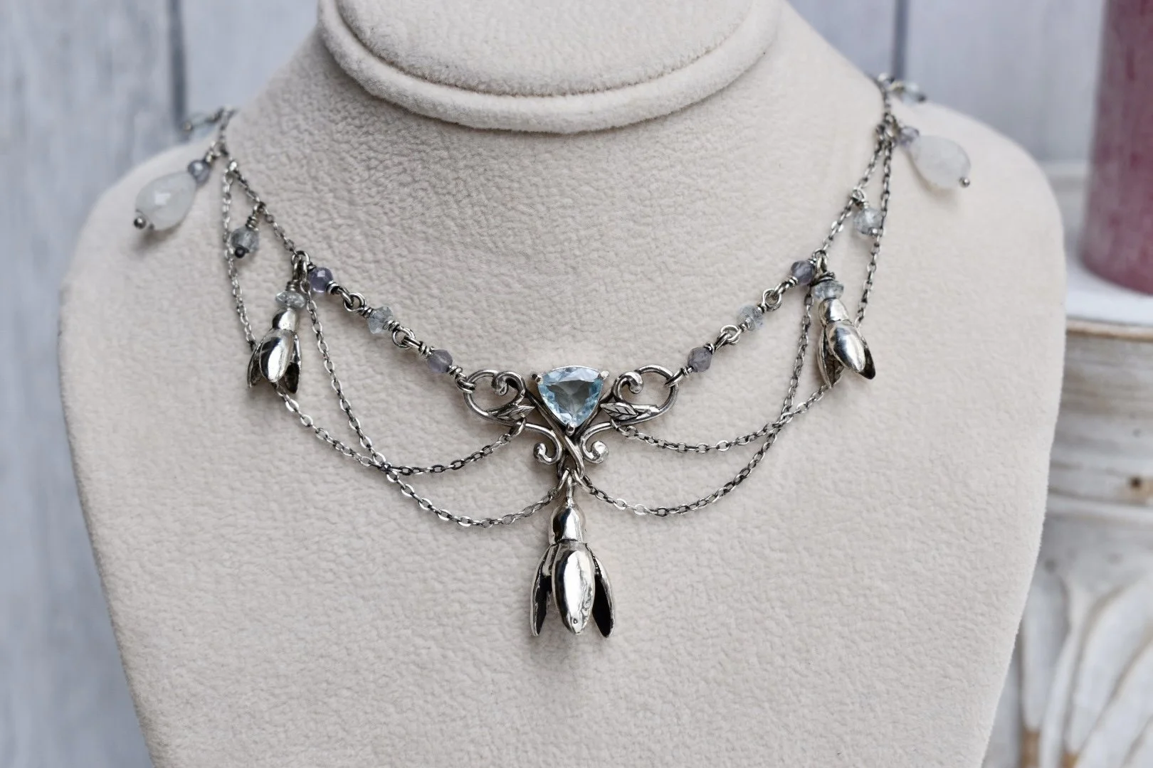 Art Nouveau Edwardian Inspired Snowdrop Blossom and Blue Topaz Statement Necklace