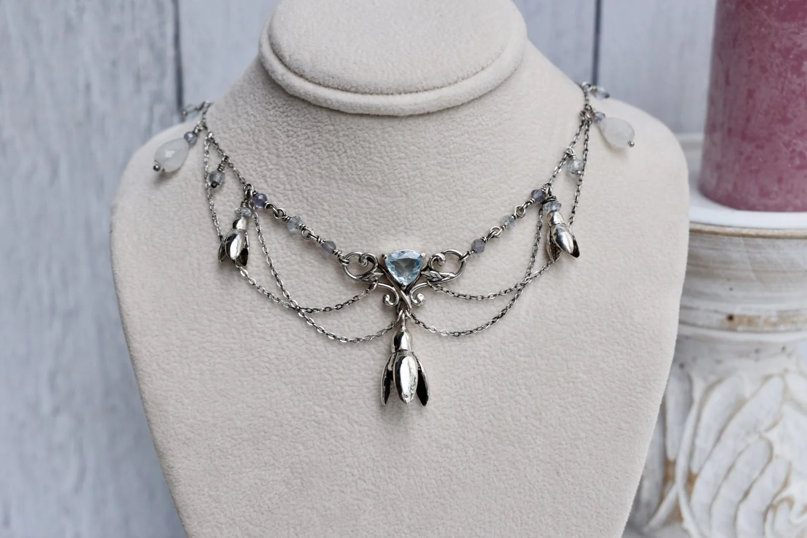 Art Nouveau Edwardian Inspired Snowdrop Blossom and Blue Topaz Statement Necklace