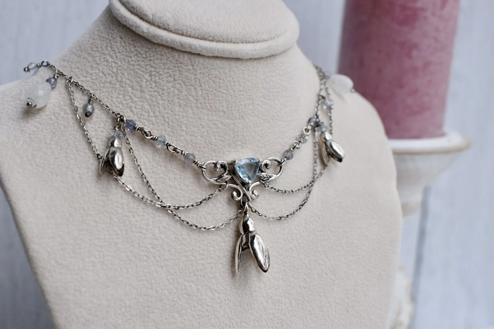 Art Nouveau Edwardian Inspired Snowdrop Blossom and Blue Topaz Statement Necklace