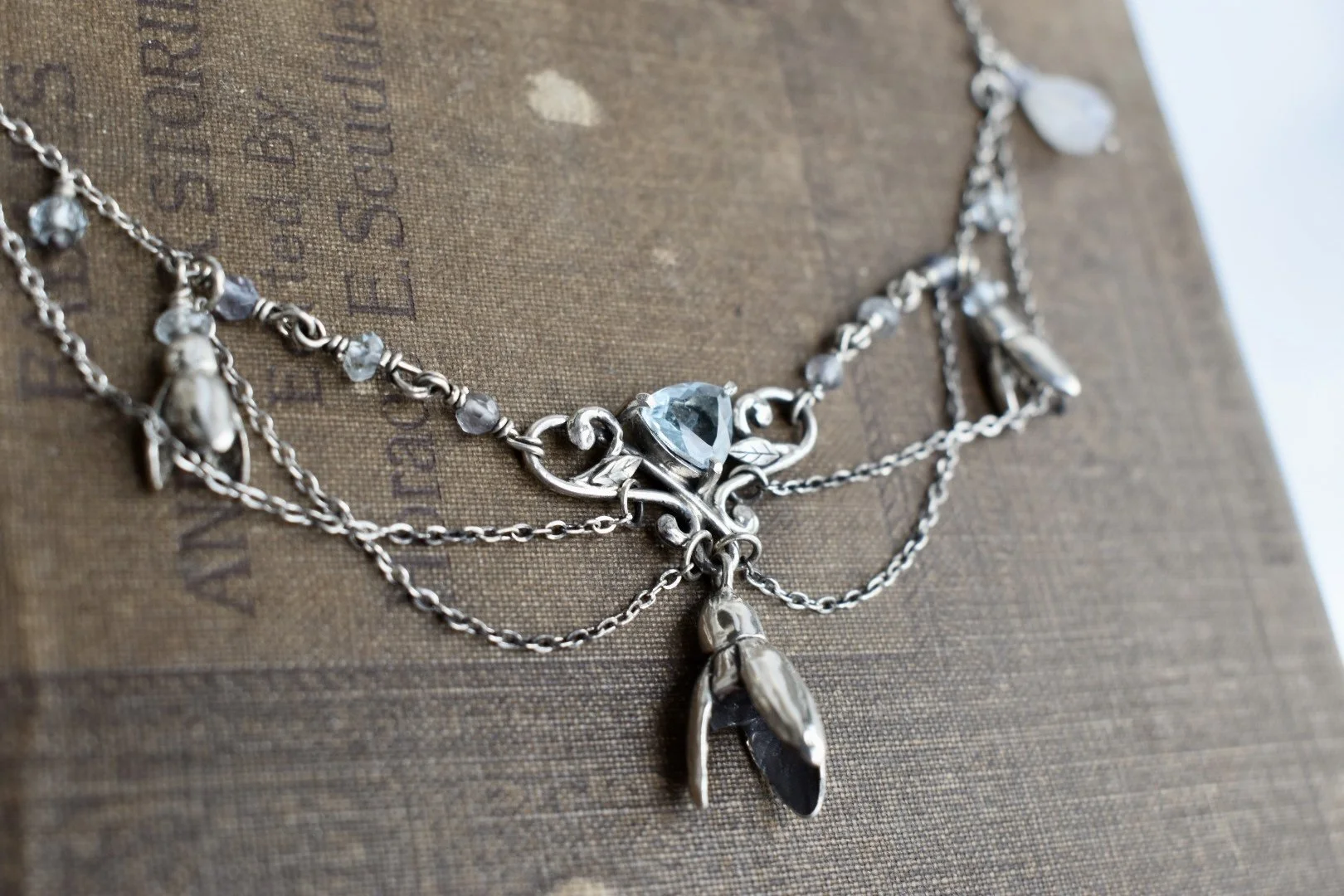 Art Nouveau Edwardian Inspired Snowdrop Blossom and Blue Topaz Statement Necklace