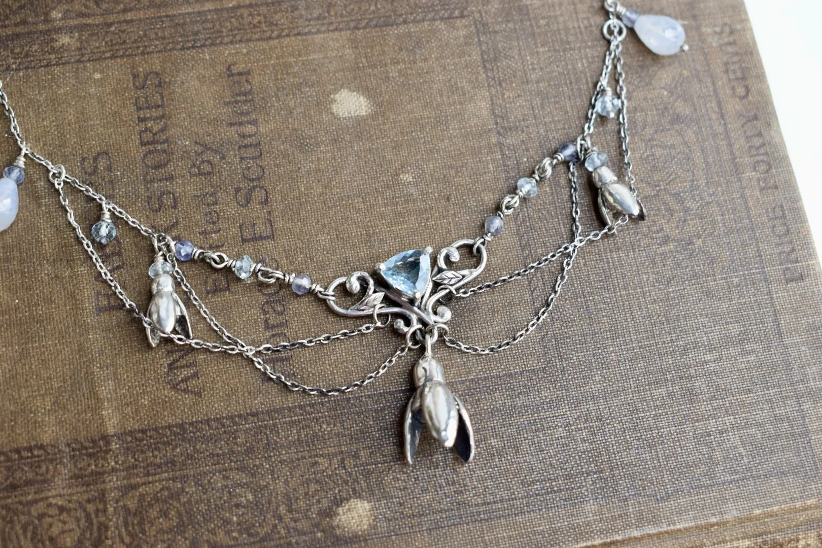 Art Nouveau Edwardian Inspired Snowdrop Blossom and Blue Topaz Statement Necklace