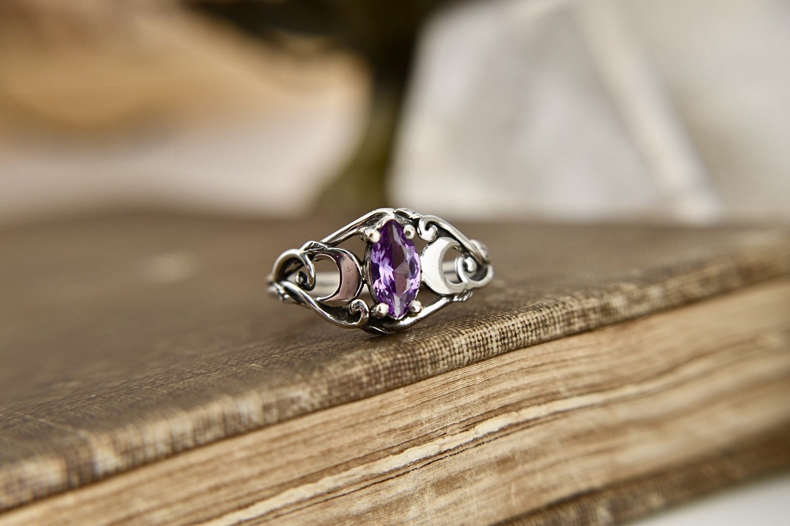 Triple Moon Goddess Marquise Fantasy Inspired Alternative Engagement Ring