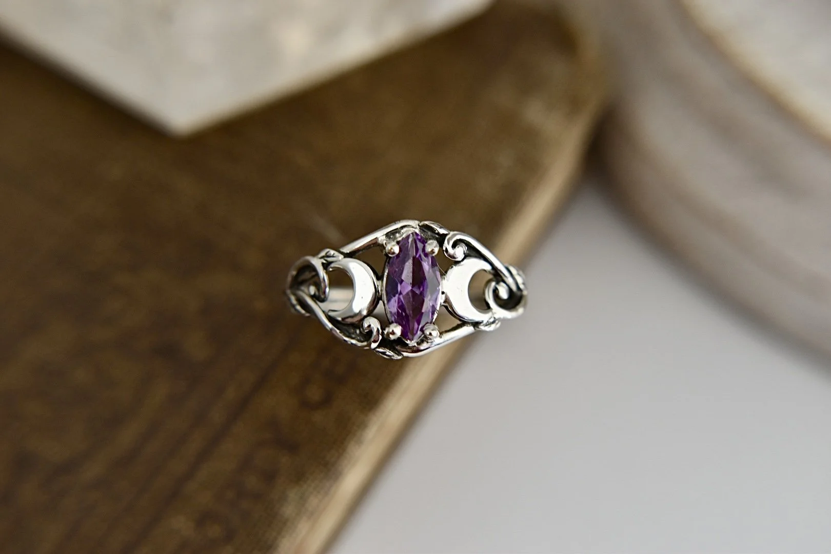 Triple Moon Goddess Marquise Fantasy Inspired Alternative Engagement Ring