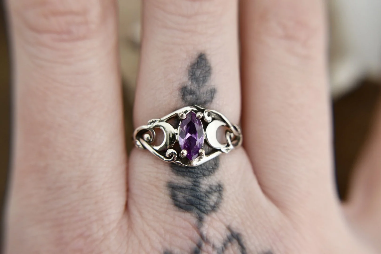 Triple Moon Goddess Marquise Fantasy Inspired Alternative Engagement Ring