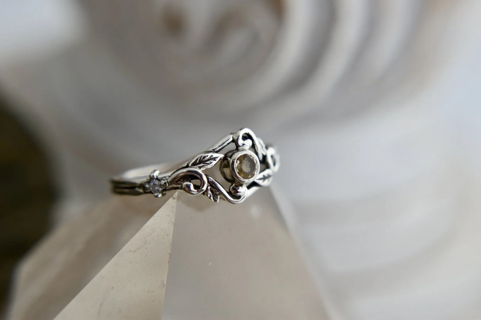Art nouveau inspired leafy fantasy three stone custom alternative engagement ring