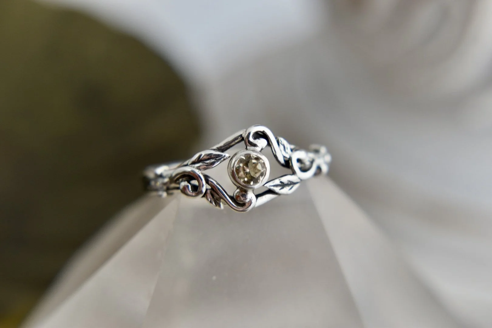 Art nouveau inspired leafy fantasy three stone custom alternative engagement ring