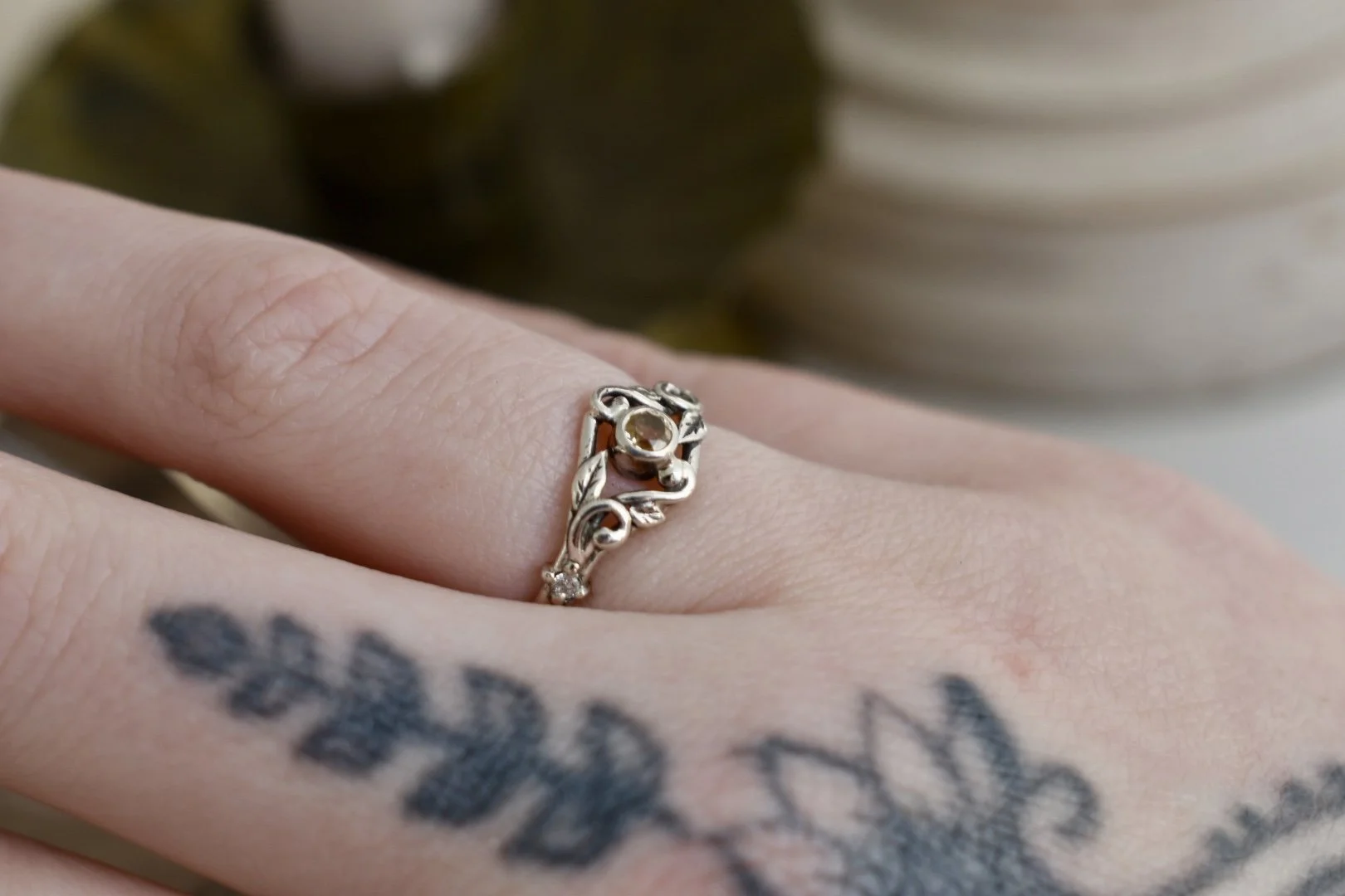 Art nouveau inspired leafy fantasy three stone custom alternative engagement ring