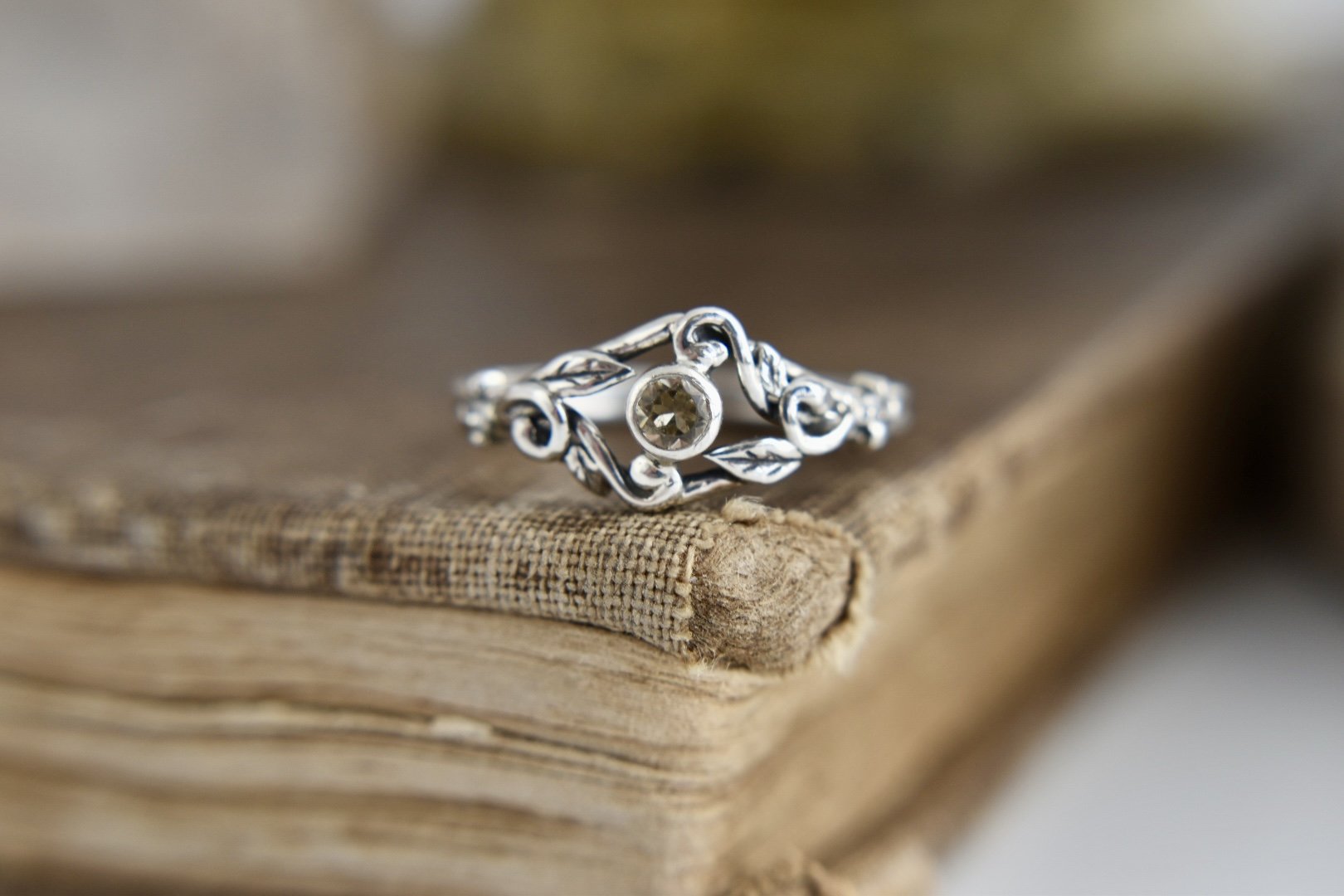 Art nouveau inspired leafy fantasy three stone custom alternative engagement ring
