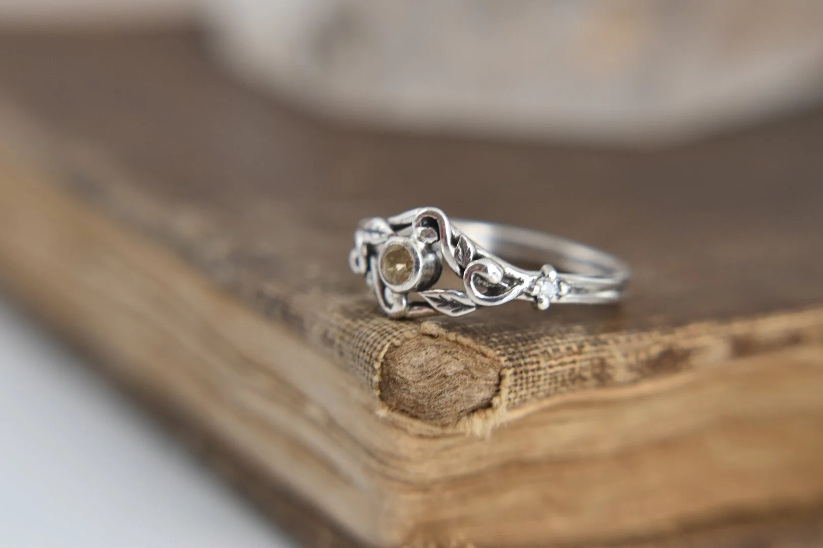 Art nouveau inspired leafy fantasy three stone custom alternative engagement ring