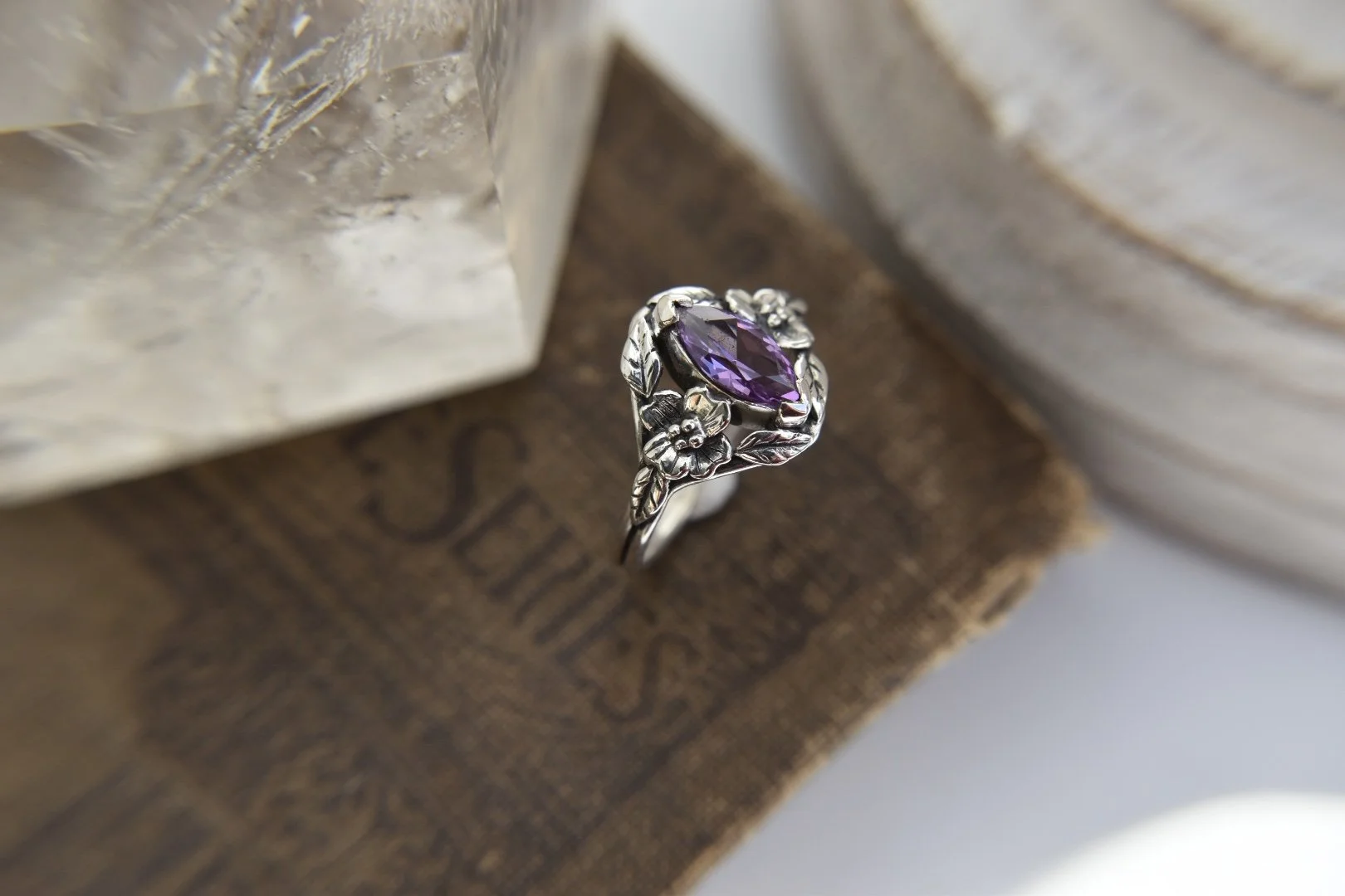 Dogwood flower floral art nouveau inspired gemstone alternative engagement ring