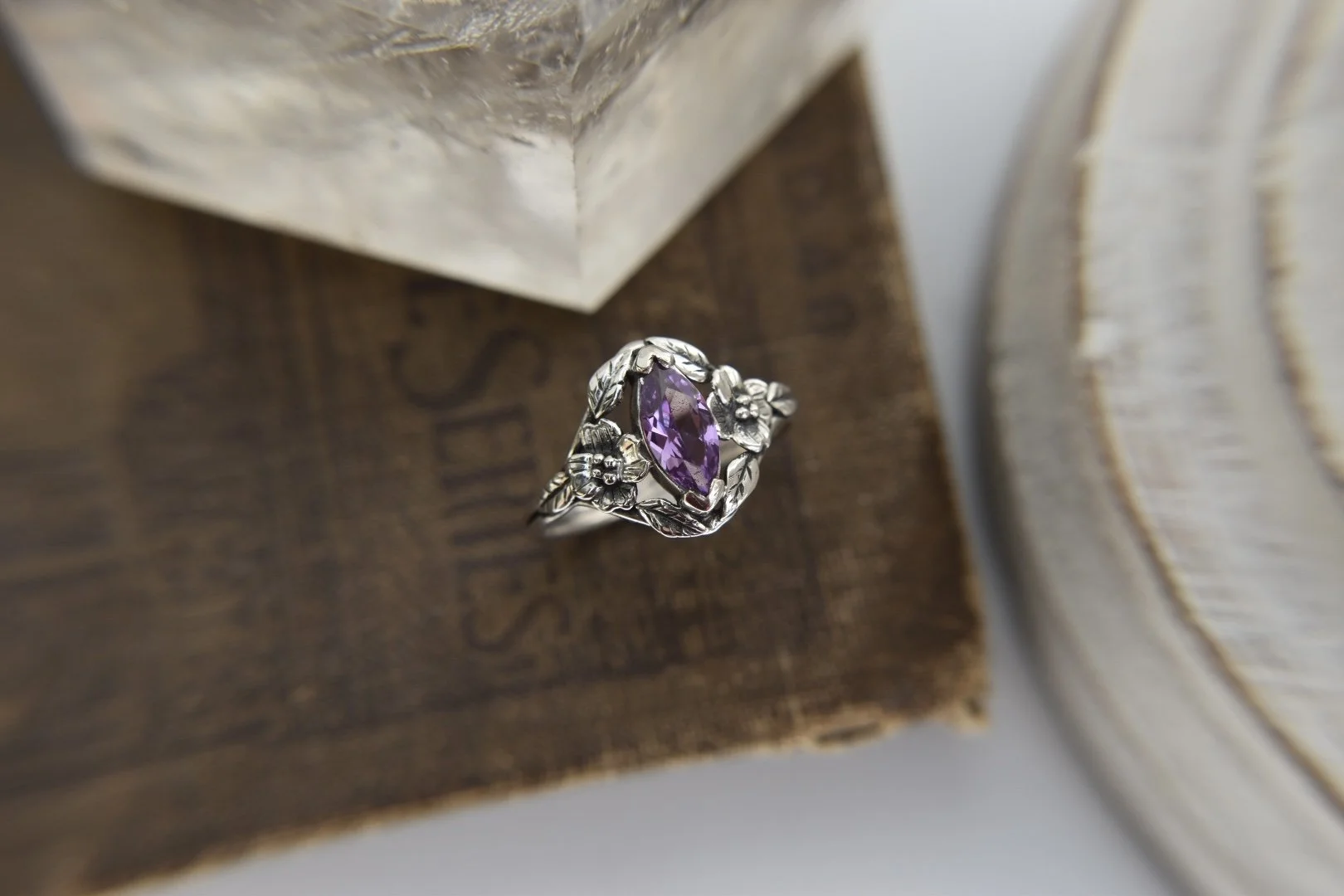 Dogwood flower floral art nouveau inspired gemstone alternative engagement ring